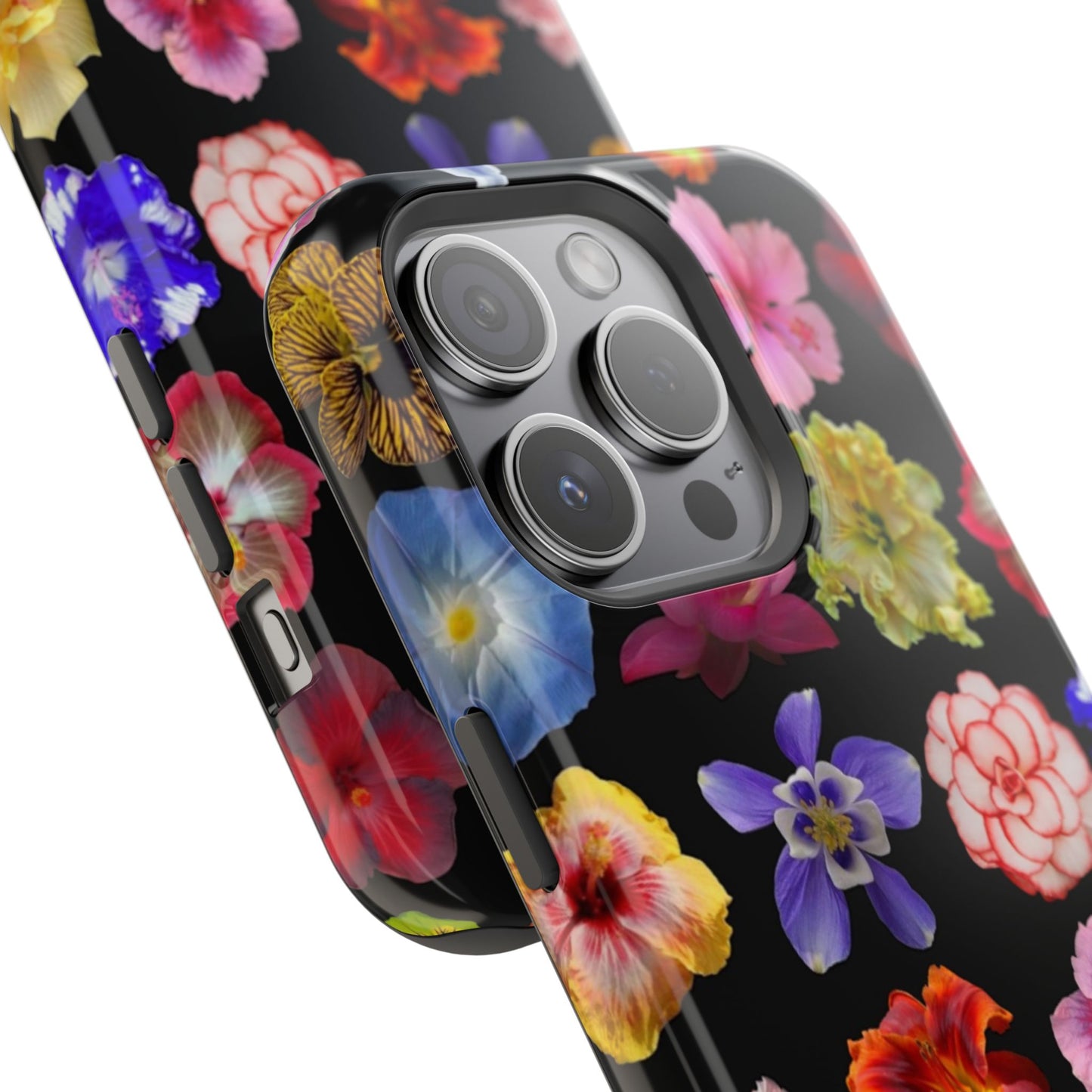 Magnetic Floral Impact-Resistant Phone Case — Colorful Blossoms on Black