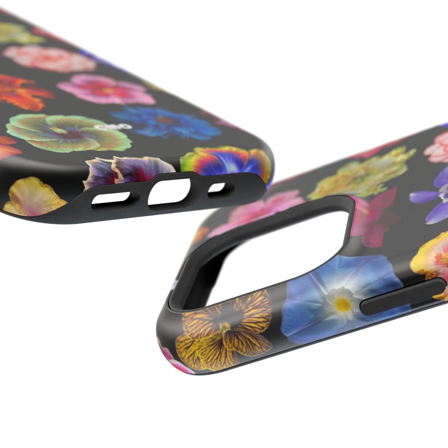 Magnetic Floral Impact-Resistant Phone Case — Colorful Blossoms on Black