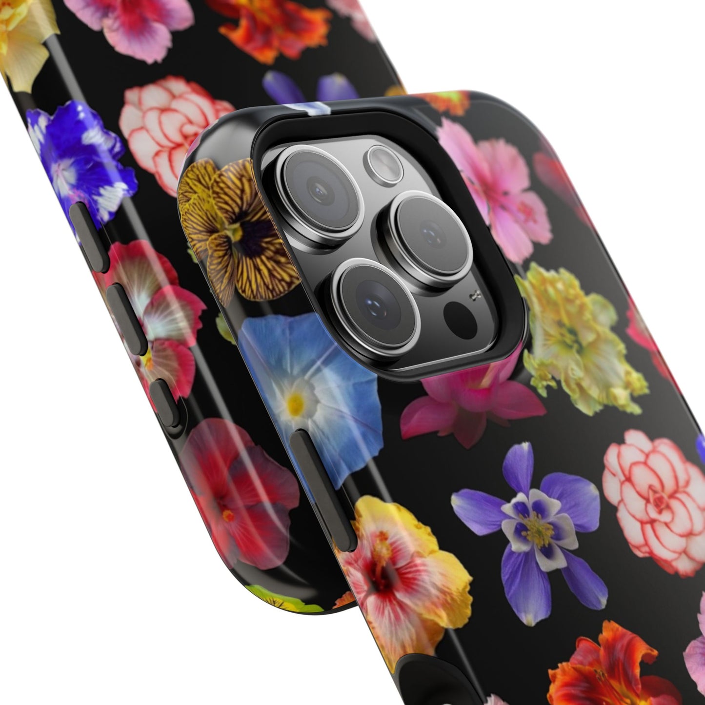 Magnetic Floral Impact-Resistant Phone Case — Colorful Blossoms on Black