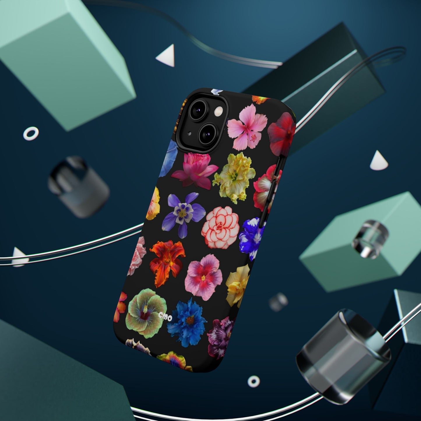 Magnetic Floral Impact-Resistant Phone Case — Colorful Blossoms on Black