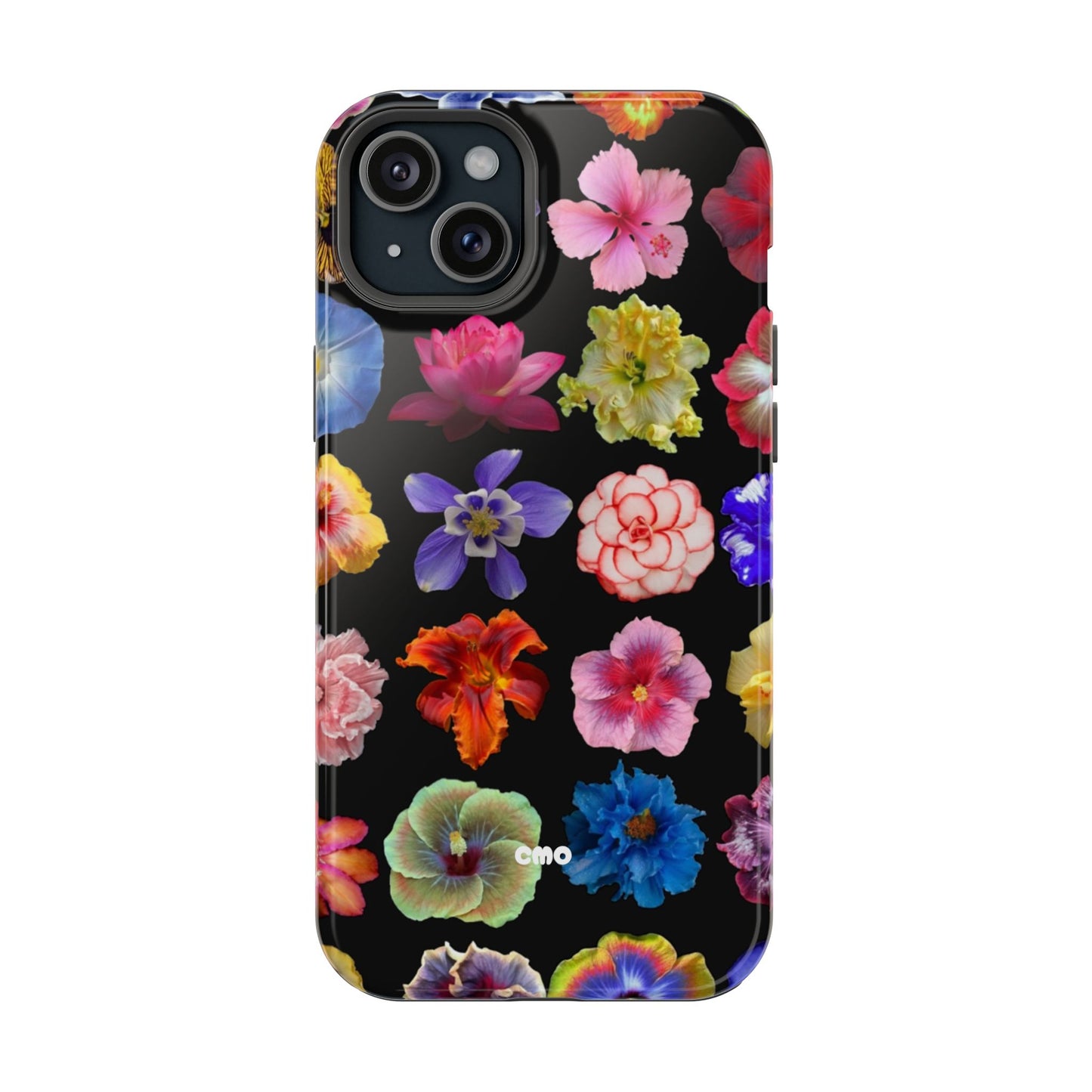 Magnetic Floral Impact-Resistant Phone Case — Colorful Blossoms on Black