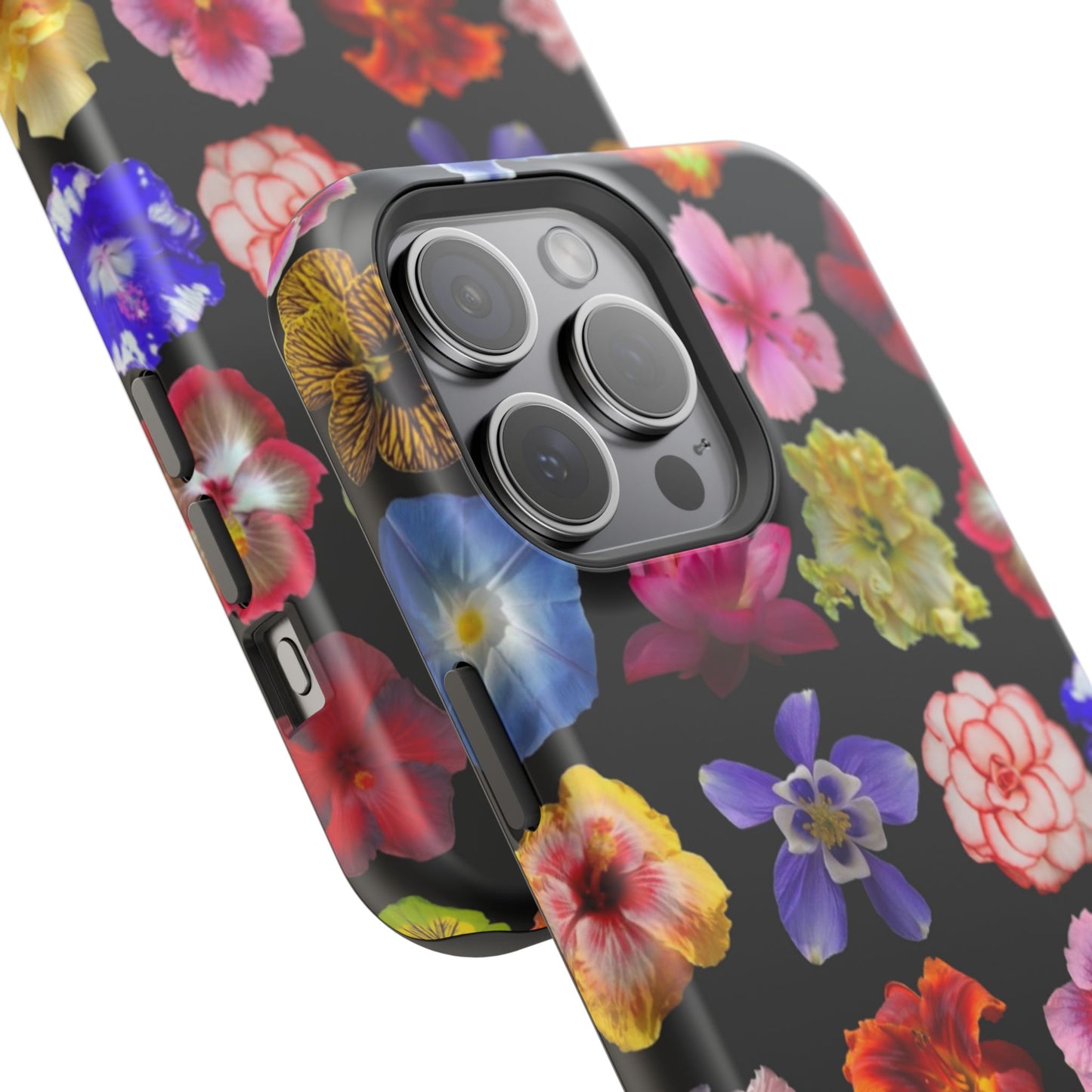 Magnetic Floral Impact-Resistant Phone Case — Colorful Blossoms on Black