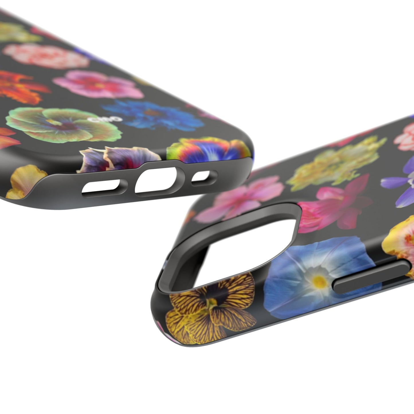 Magnetic Floral Impact-Resistant Phone Case — Colorful Blossoms on Black