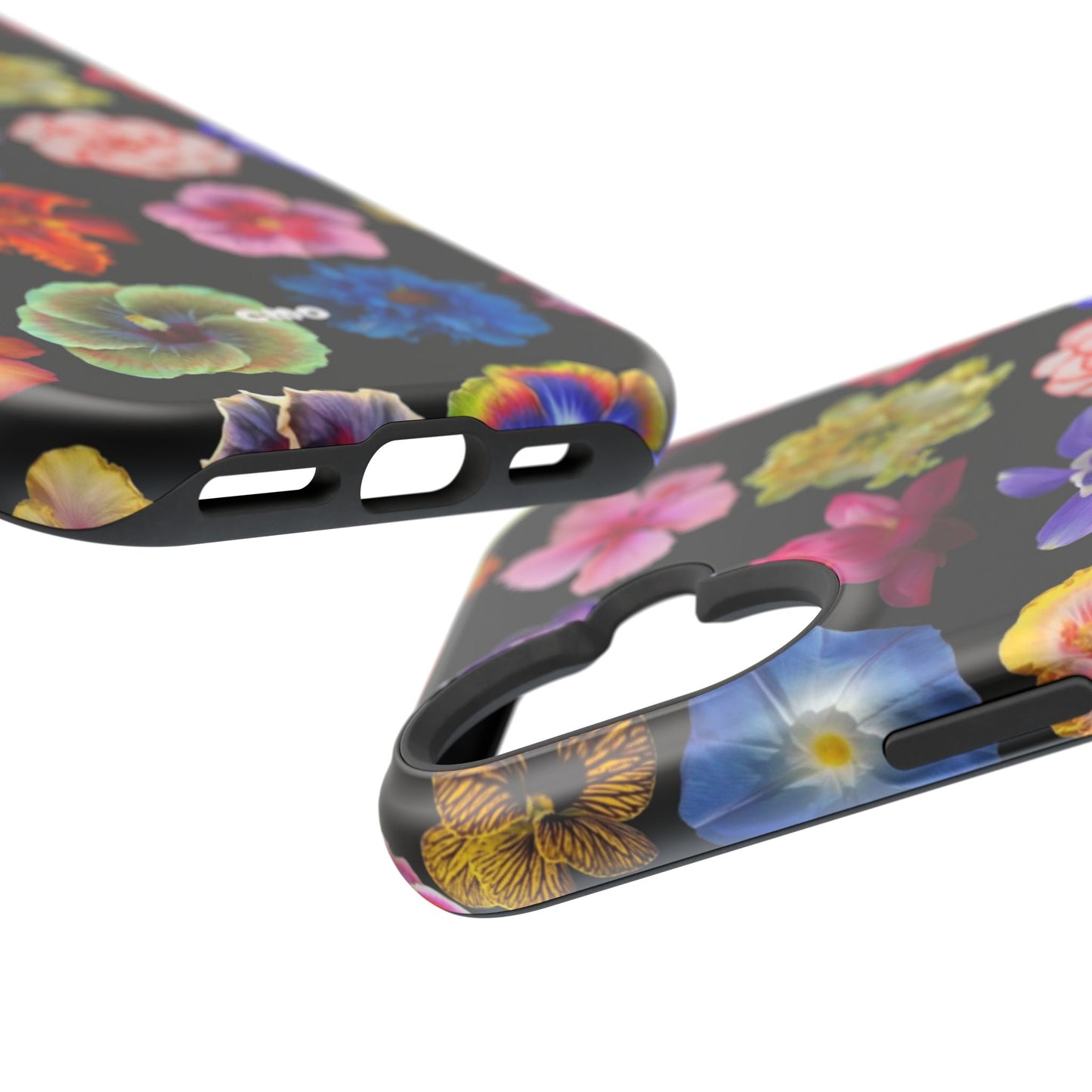 Magnetic Floral Impact-Resistant Phone Case — Colorful Blossoms on Black