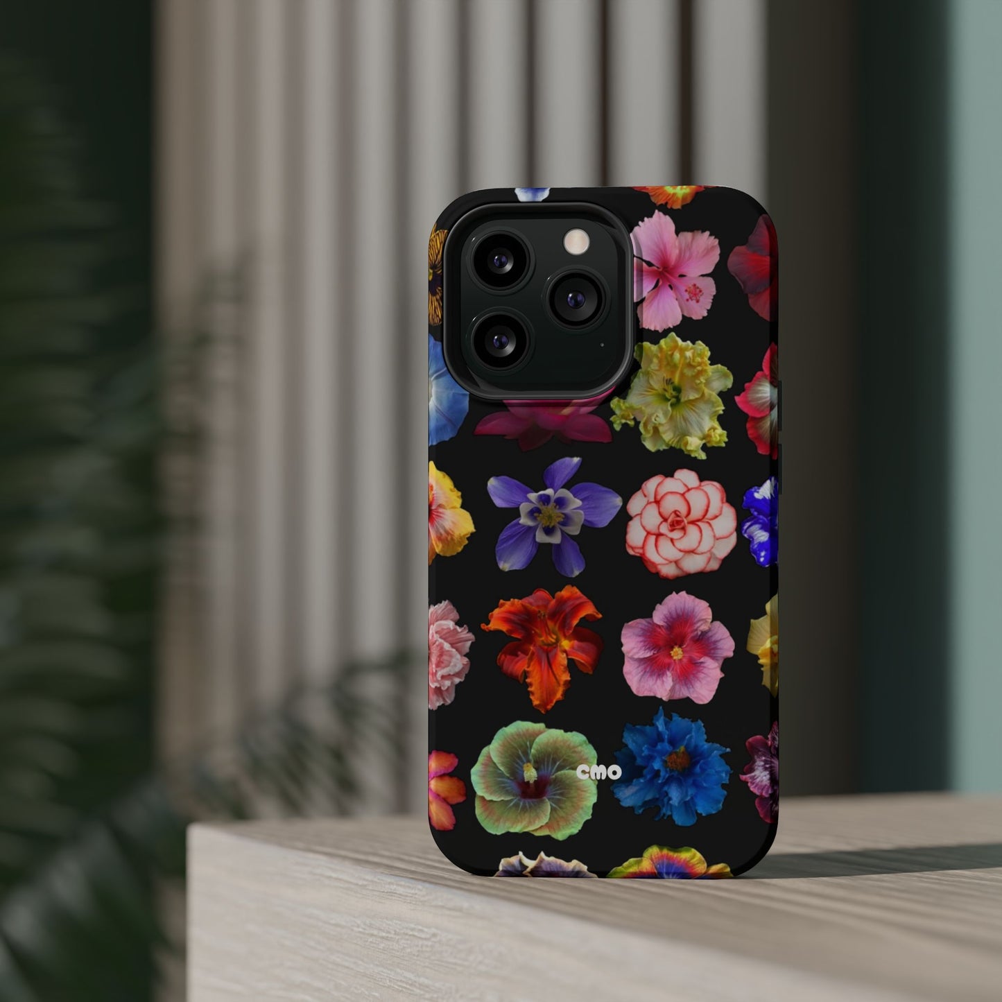 Magnetic Floral Impact-Resistant Phone Case — Colorful Blossoms on Black