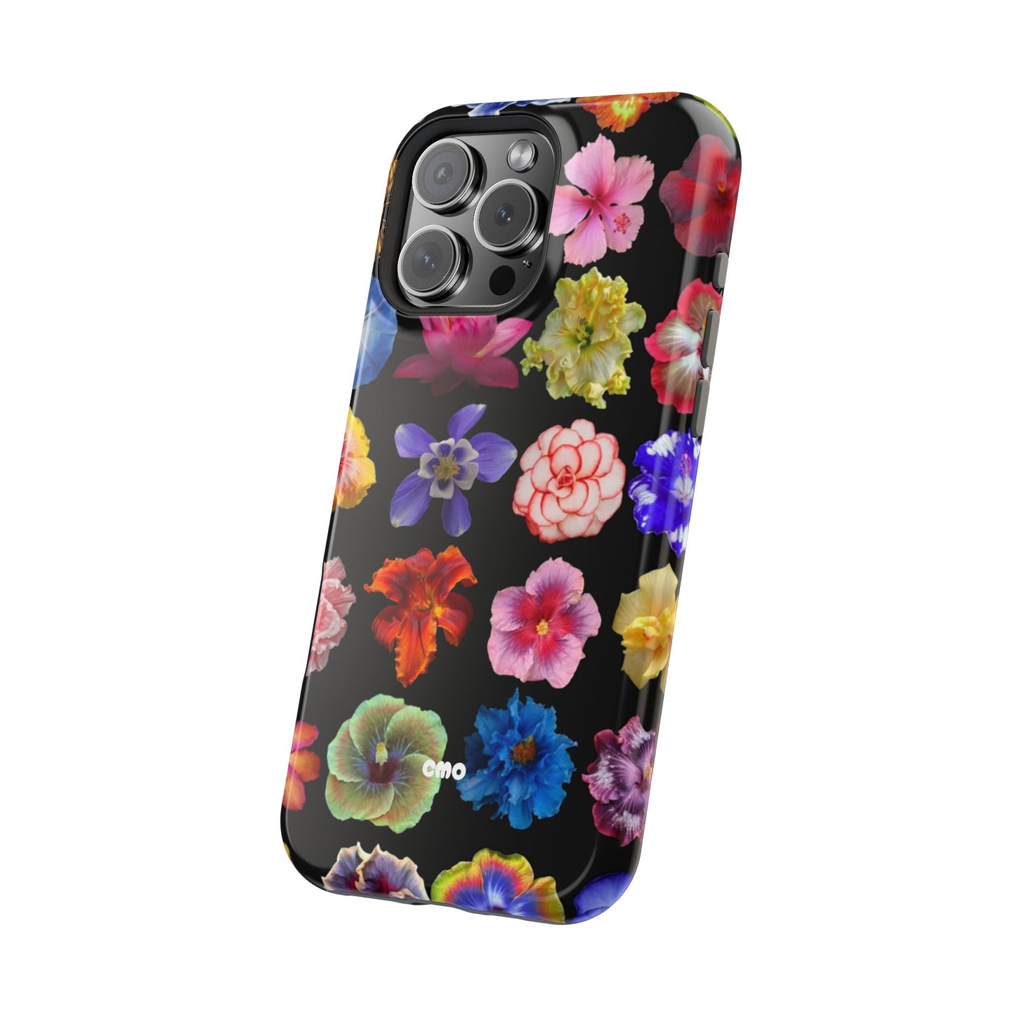 Magnetic Floral Impact-Resistant Phone Case — Colorful Blossoms on Black