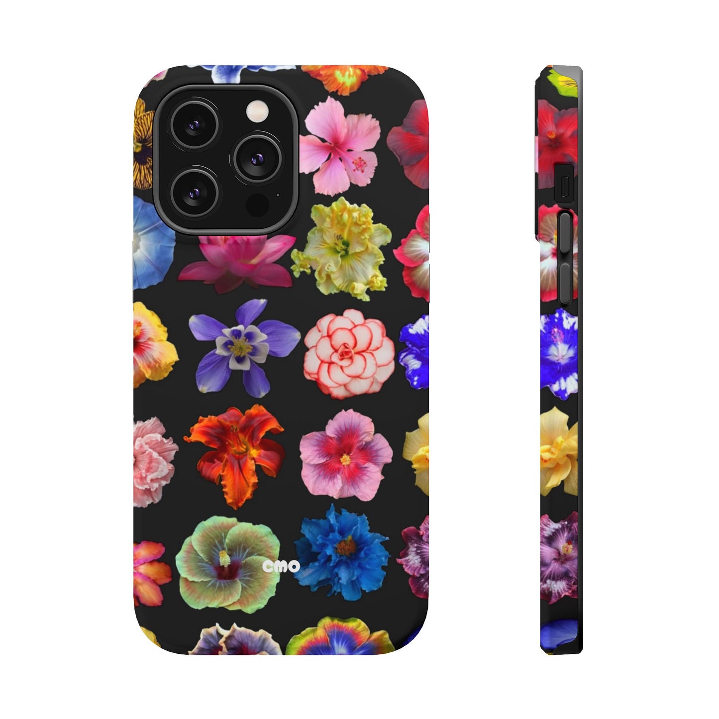 Magnetic Floral Impact-Resistant Phone Case — Colorful Blossoms on Black