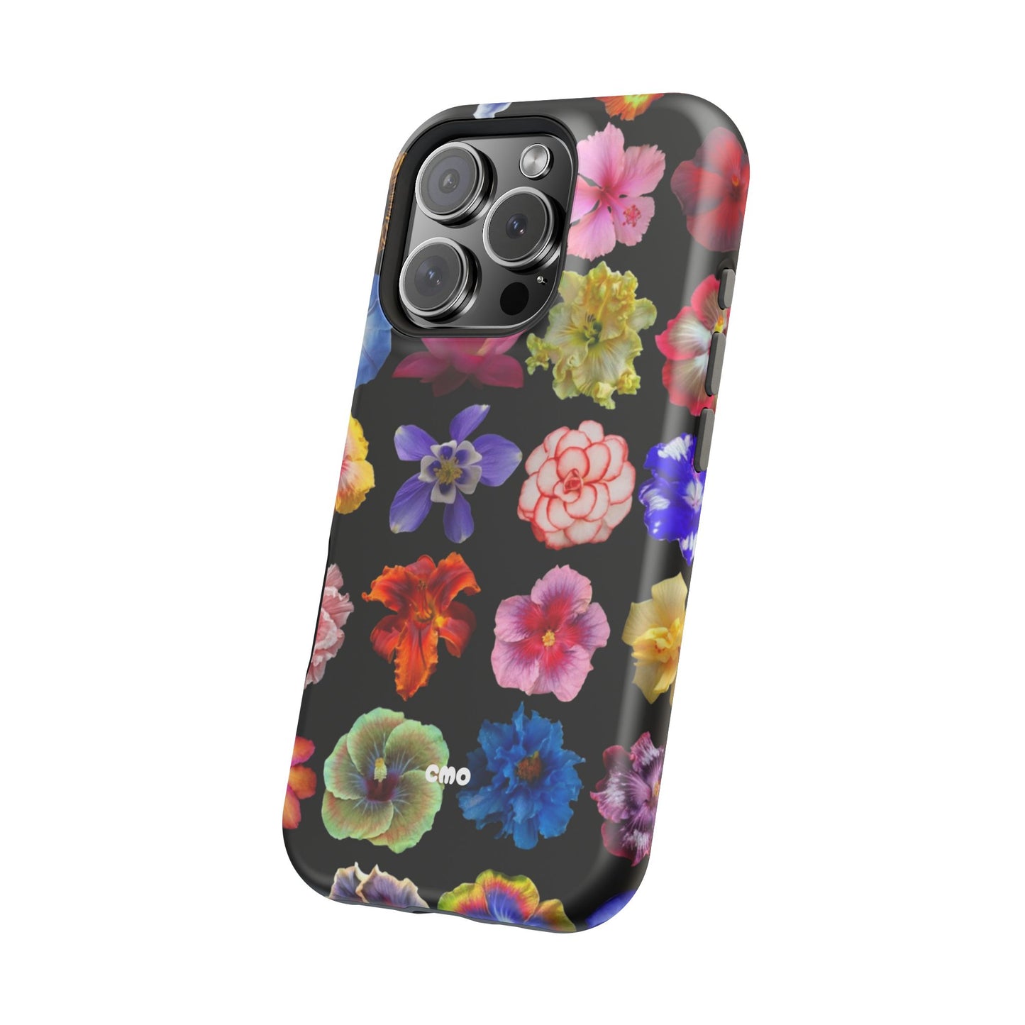 Magnetic Floral Impact-Resistant Phone Case — Colorful Blossoms on Black