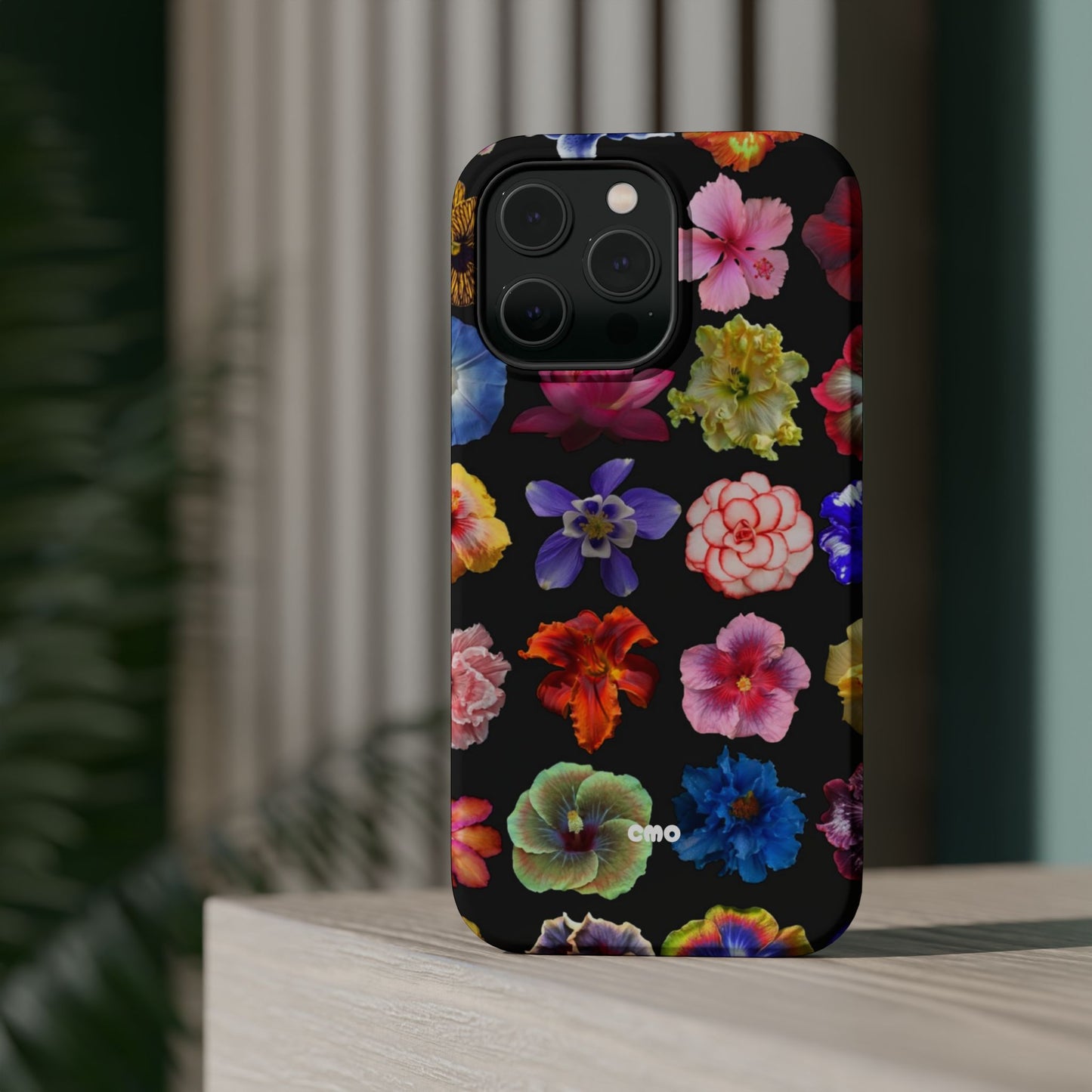 Magnetic Floral Impact-Resistant Phone Case — Colorful Blossoms on Black