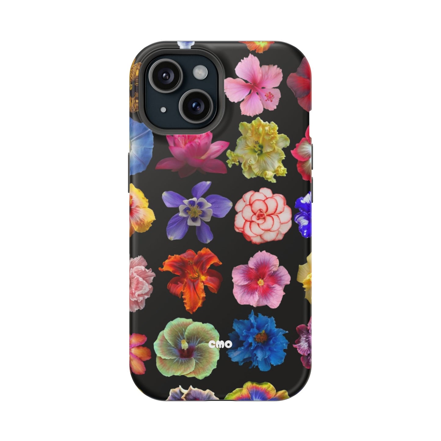 Magnetic Floral Impact-Resistant Phone Case — Colorful Blossoms on Black