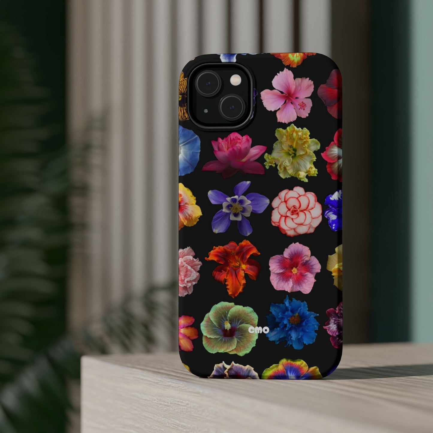 Magnetic Floral Impact-Resistant Phone Case — Colorful Blossoms on Black