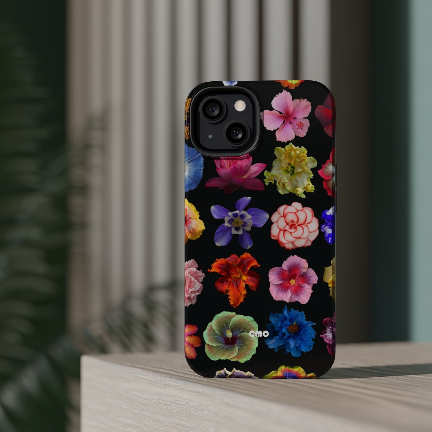 Magnetic Floral Impact-Resistant Phone Case — Colorful Blossoms on Black