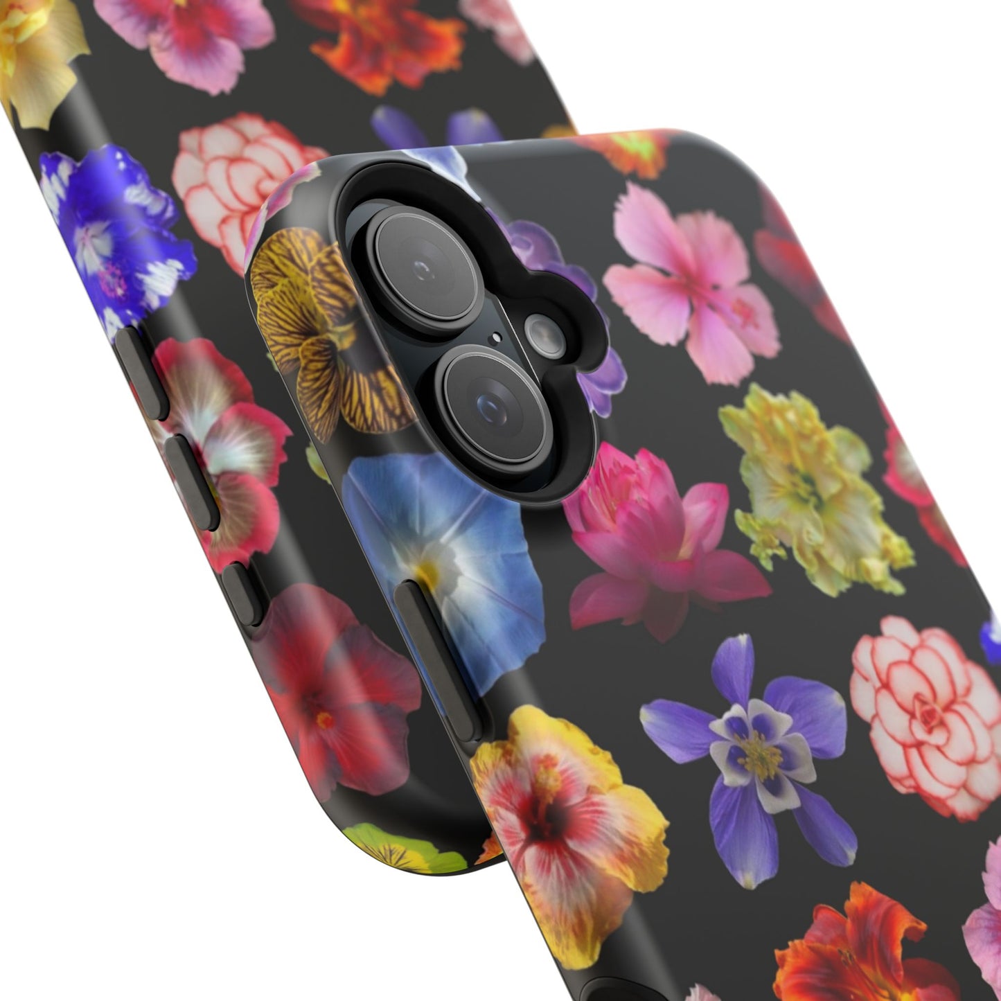 Magnetic Floral Impact-Resistant Phone Case — Colorful Blossoms on Black