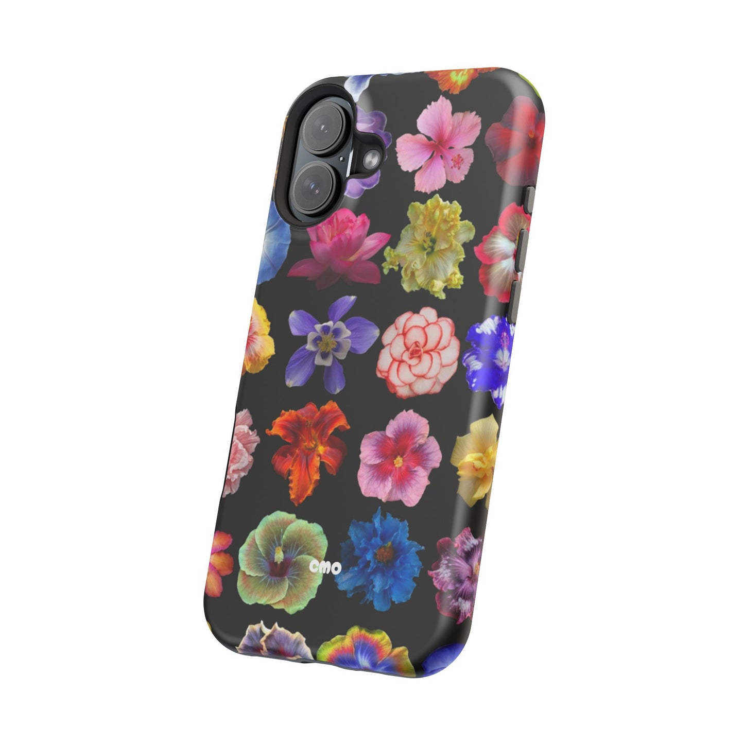 Magnetic Floral Impact-Resistant Phone Case — Colorful Blossoms on Black