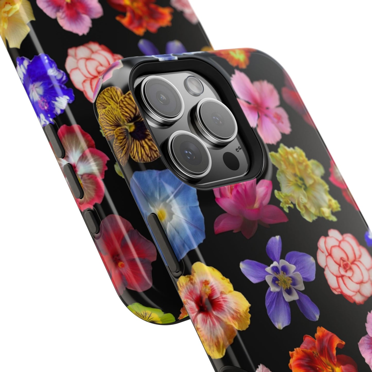 Magnetic Floral Impact-Resistant Phone Case — Colorful Blossoms on Black