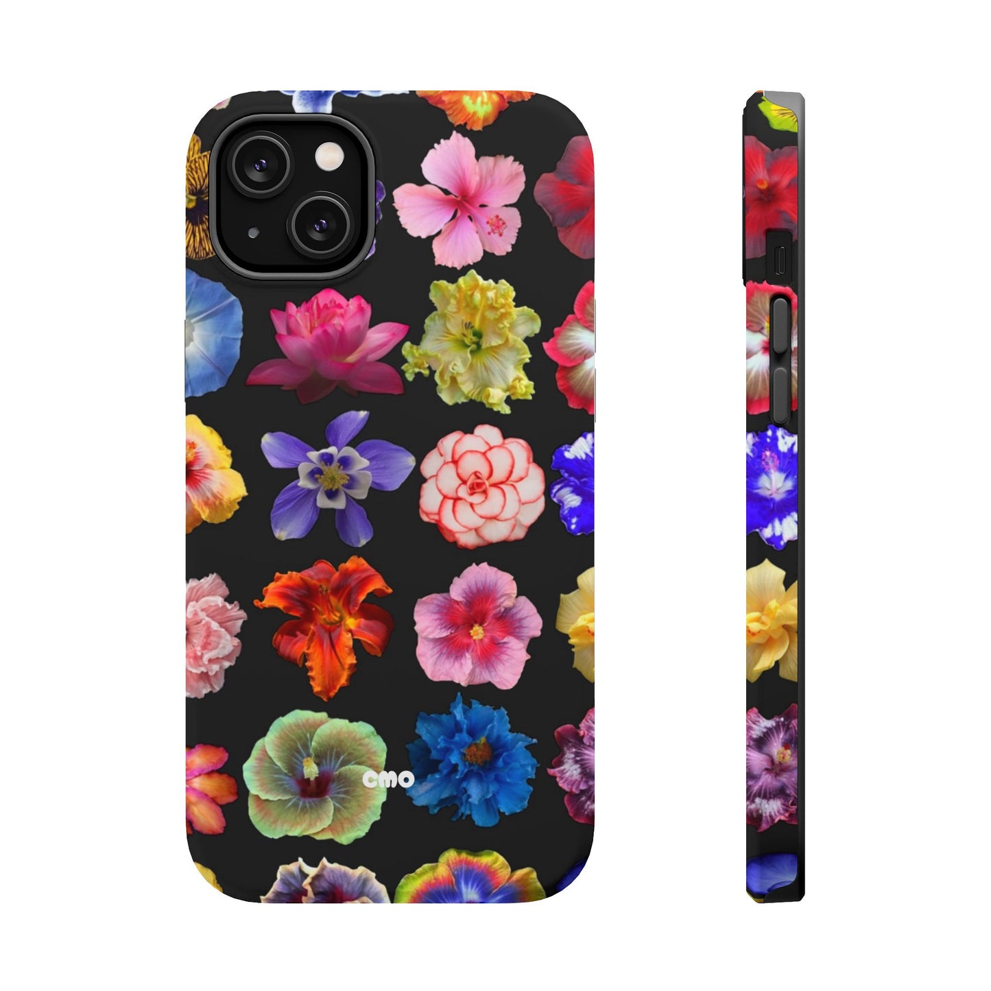 Magnetic Floral Impact-Resistant Phone Case — Colorful Blossoms on Black