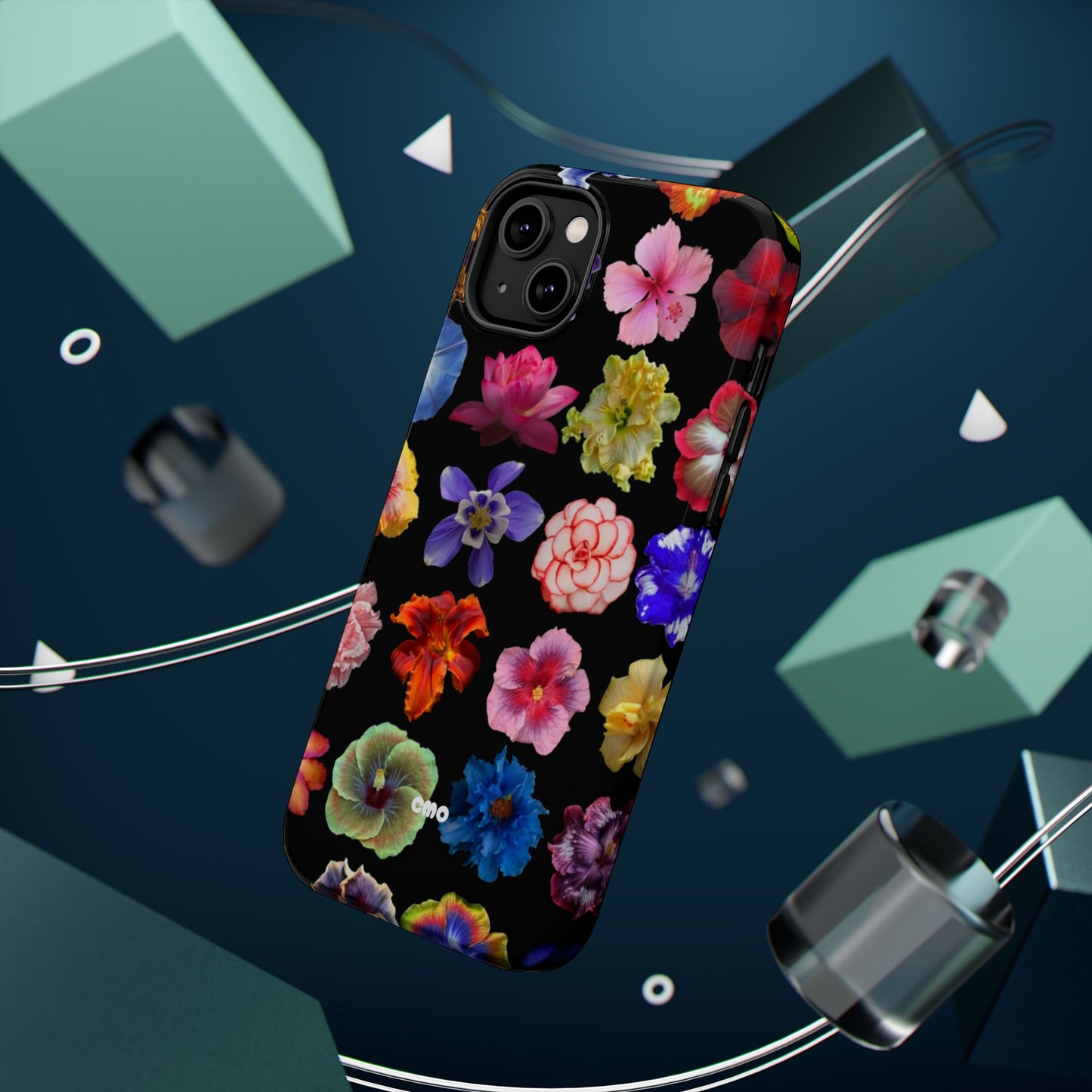 Magnetic Floral Impact-Resistant Phone Case — Colorful Blossoms on Black