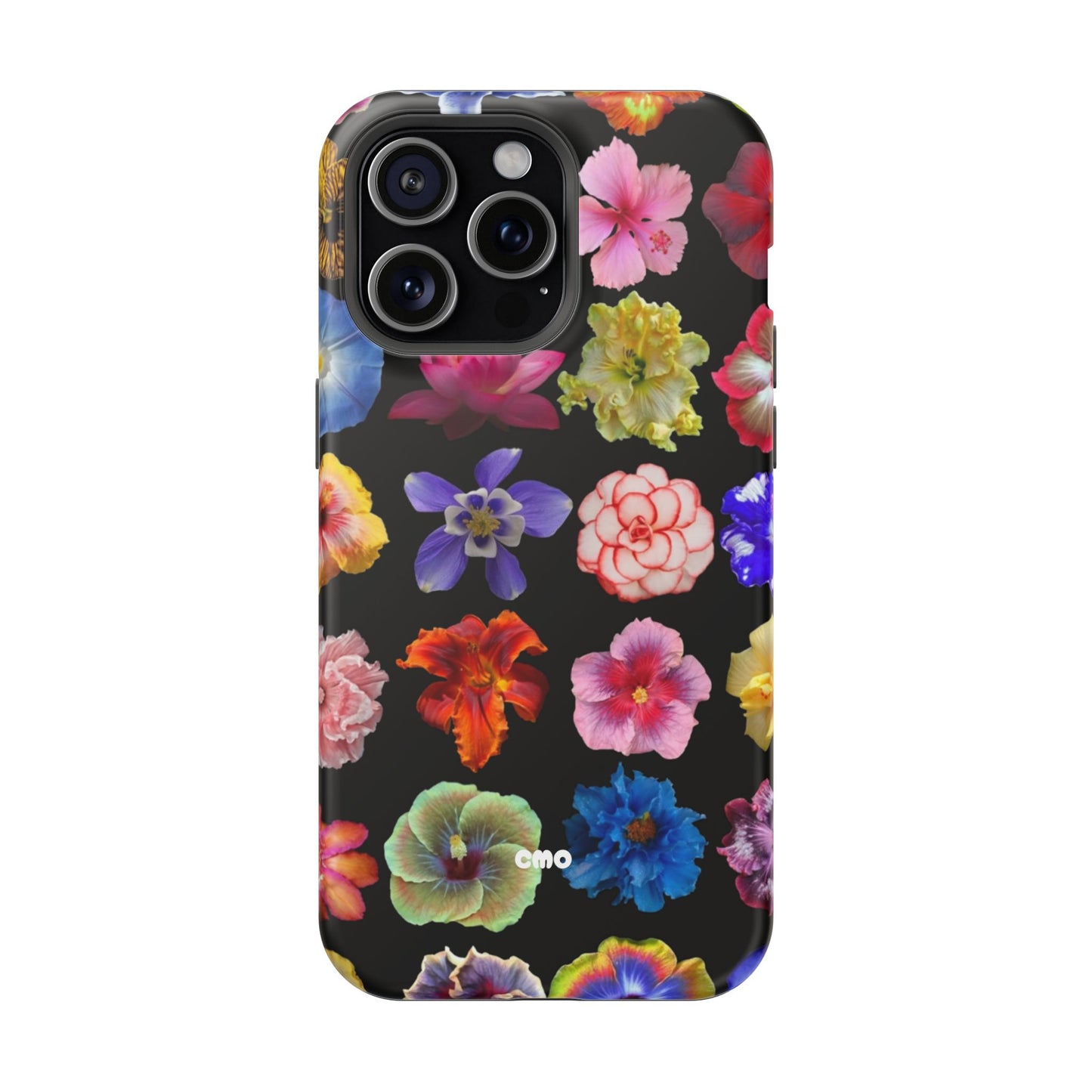 Magnetic Floral Impact-Resistant Phone Case — Colorful Blossoms on Black