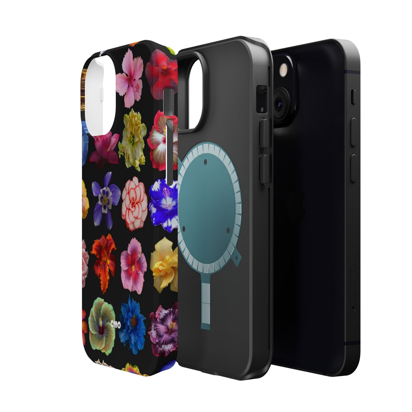 Magnetic Floral Impact-Resistant Phone Case — Colorful Blossoms on Black