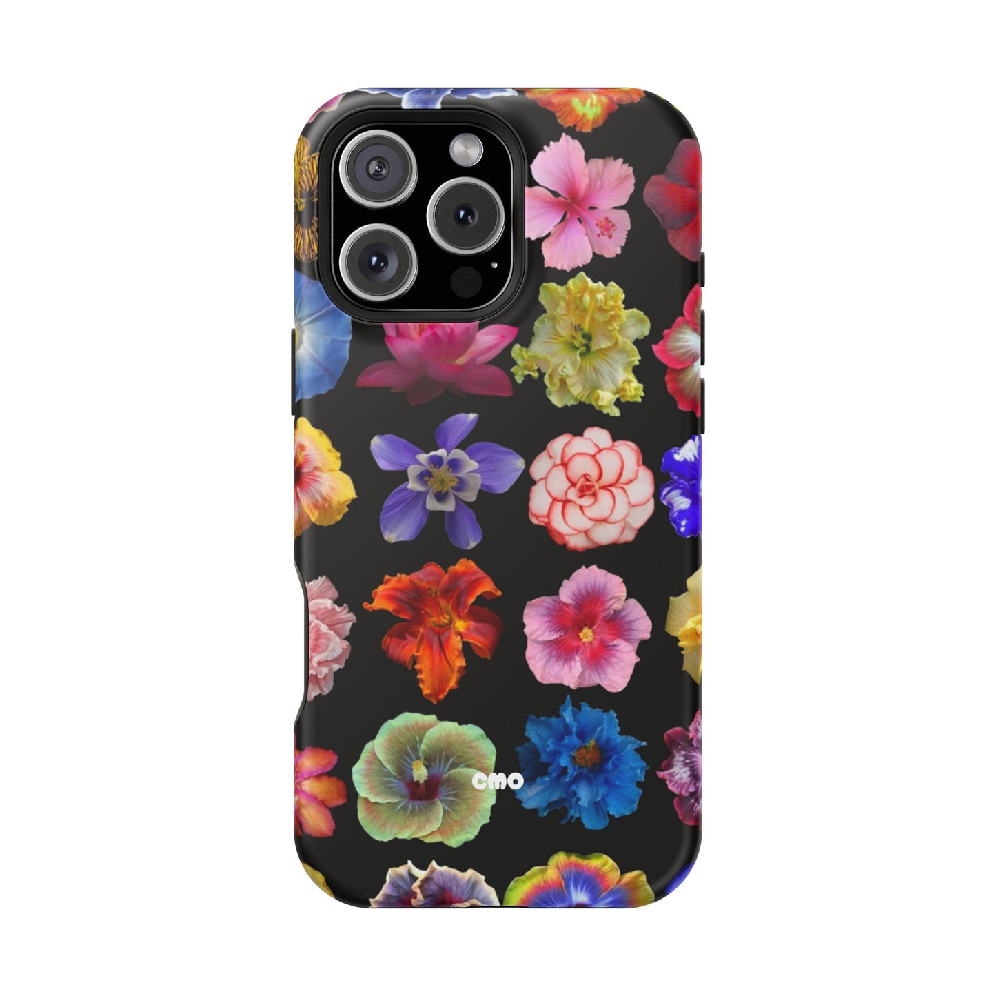 Magnetic Floral Impact-Resistant Phone Case — Colorful Blossoms on Black