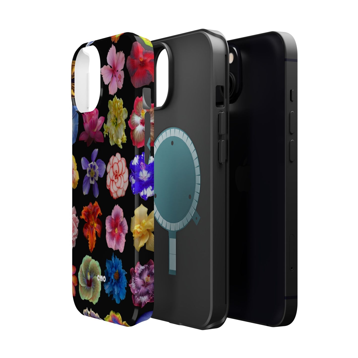 Magnetic Floral Impact-Resistant Phone Case — Colorful Blossoms on Black