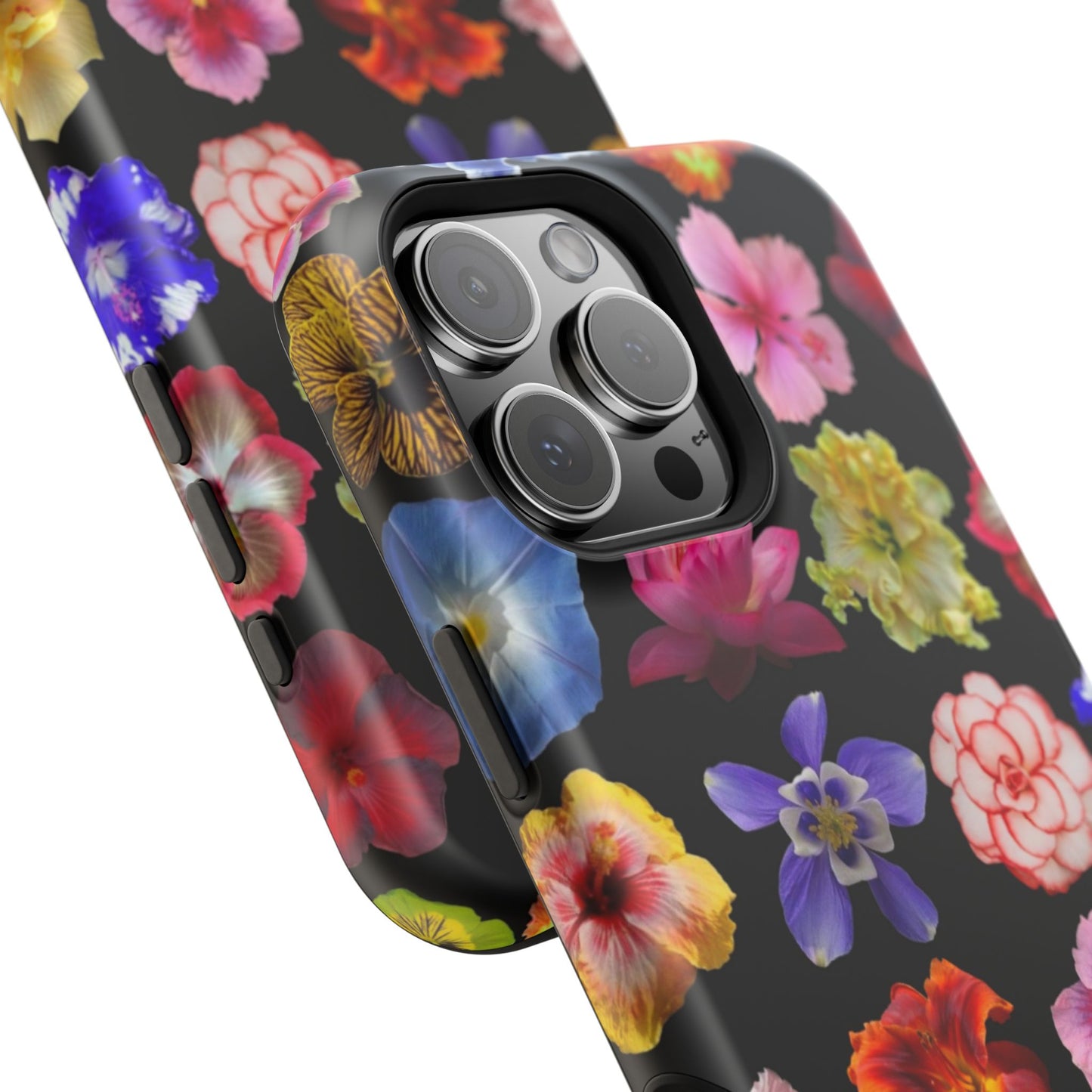 Magnetic Floral Impact-Resistant Phone Case — Colorful Blossoms on Black