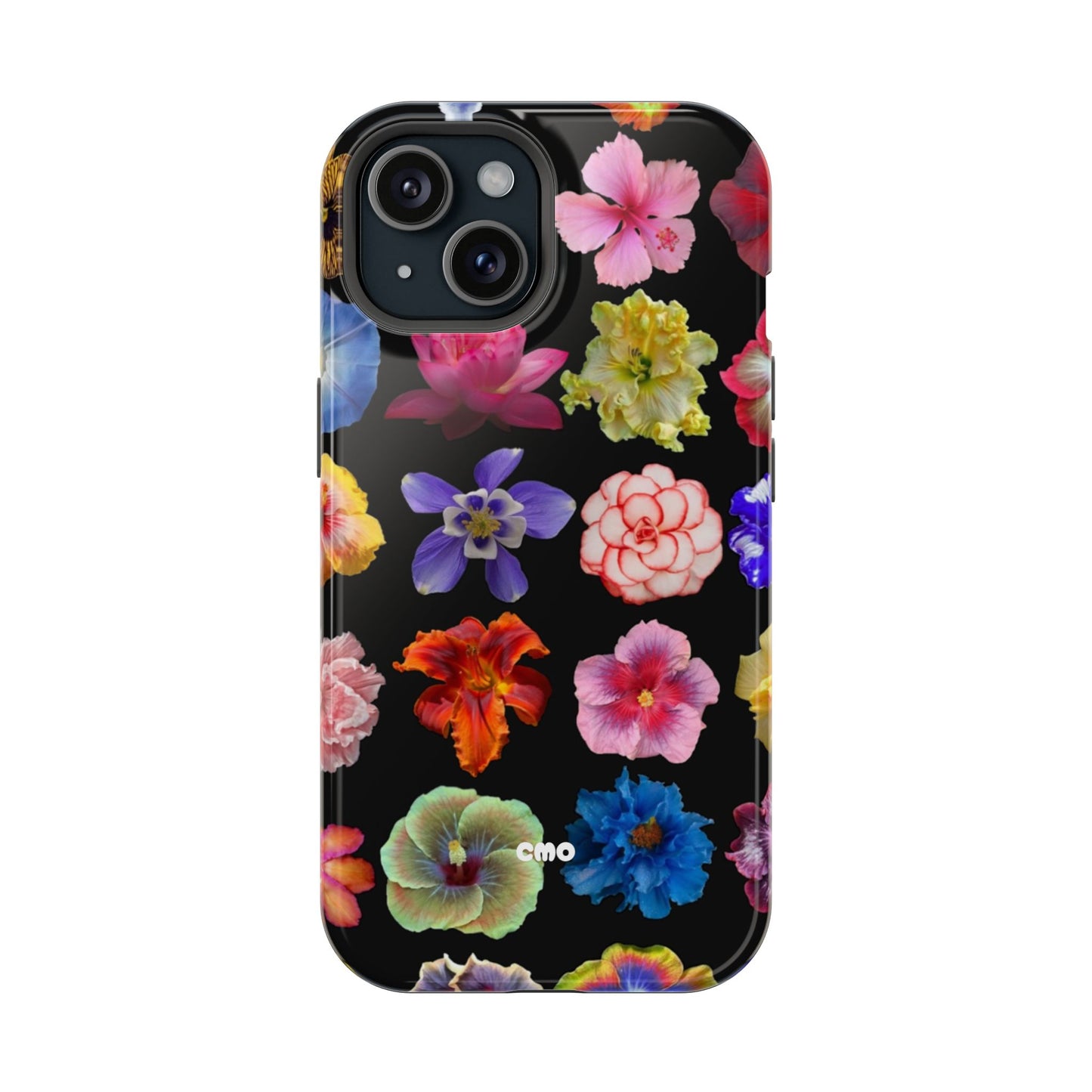 Magnetic Floral Impact-Resistant Phone Case — Colorful Blossoms on Black