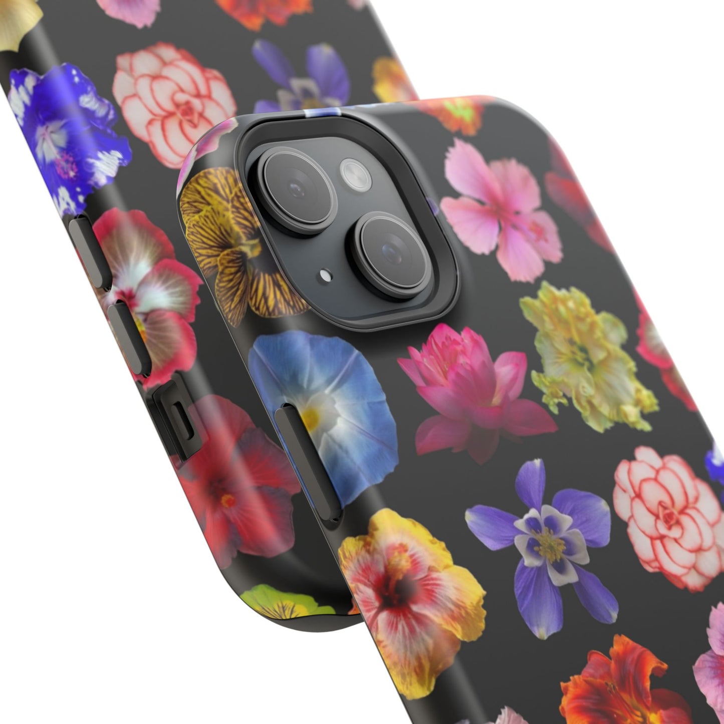 Magnetic Floral Impact-Resistant Phone Case — Colorful Blossoms on Black