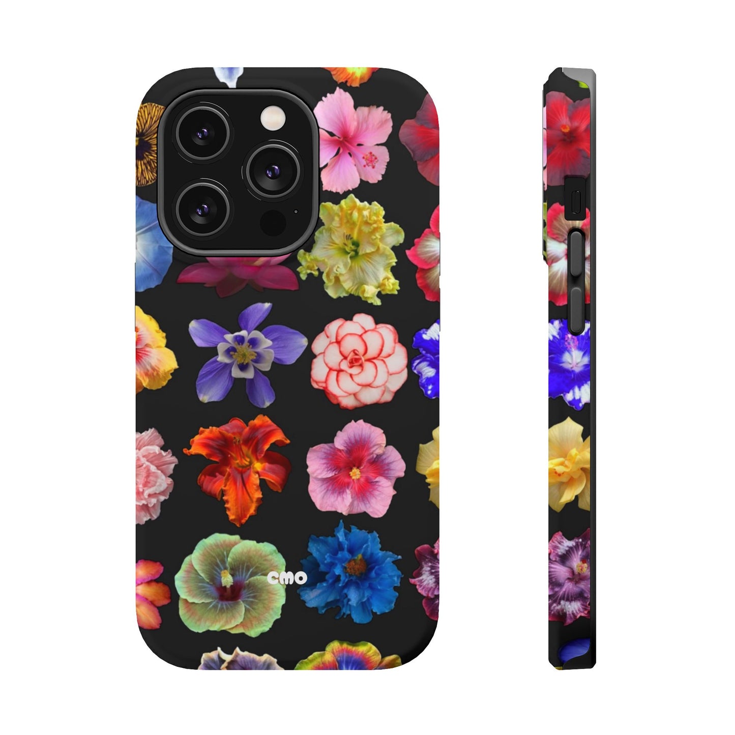 Magnetic Floral Impact-Resistant Phone Case — Colorful Blossoms on Black