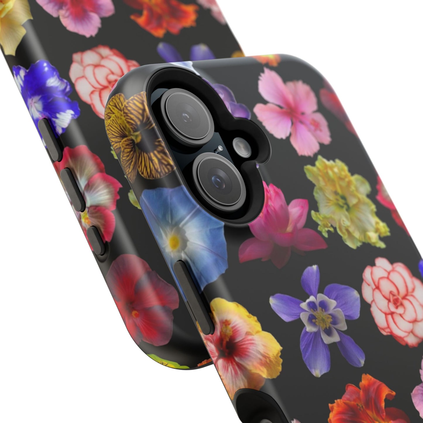 Magnetic Floral Impact-Resistant Phone Case — Colorful Blossoms on Black