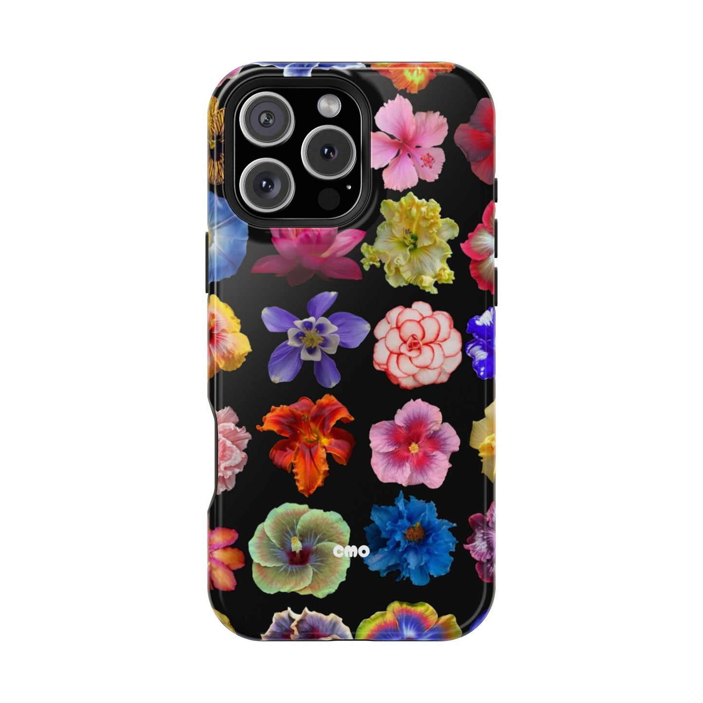 Magnetic Floral Impact-Resistant Phone Case — Colorful Blossoms on Black