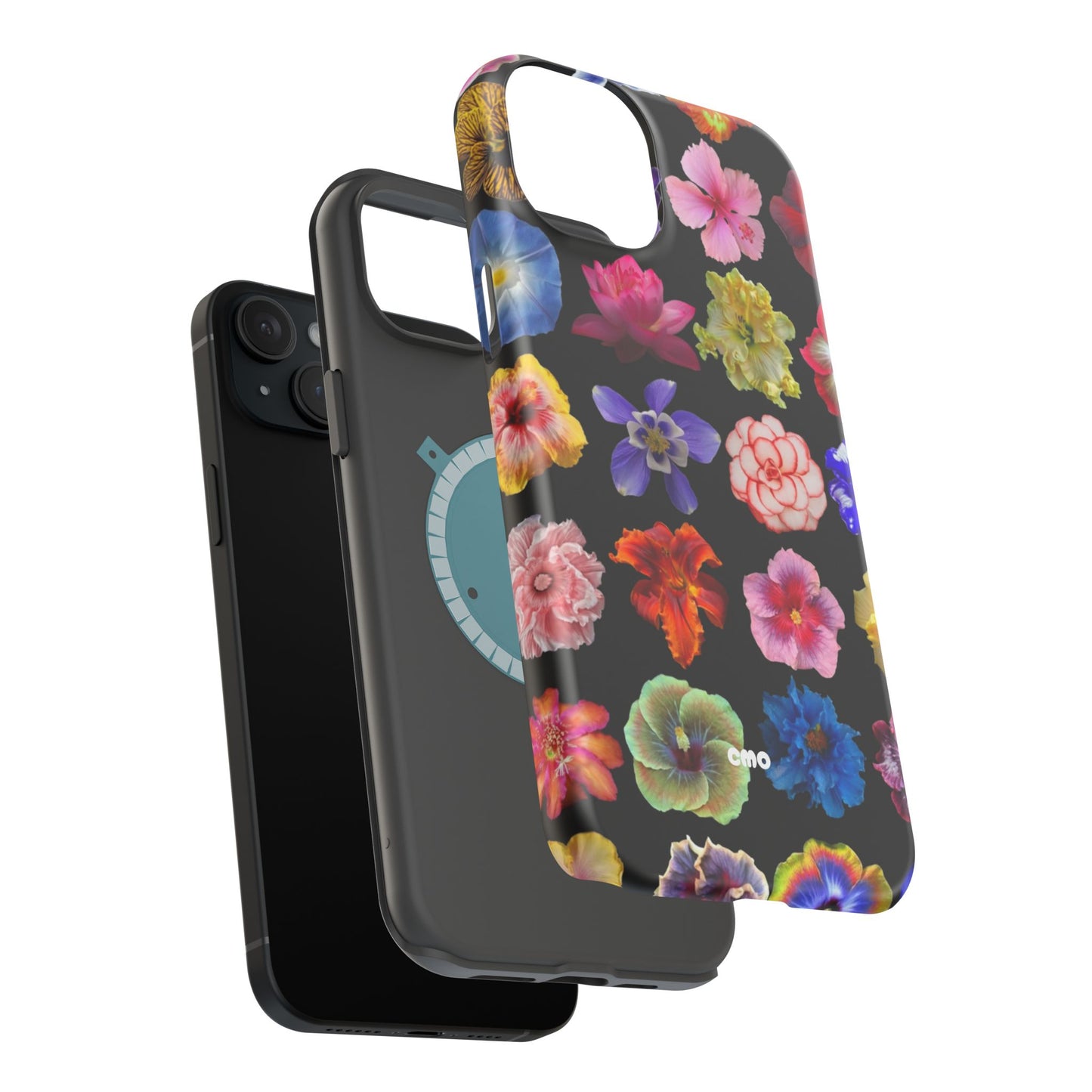 Magnetic Floral Impact-Resistant Phone Case — Colorful Blossoms on Black