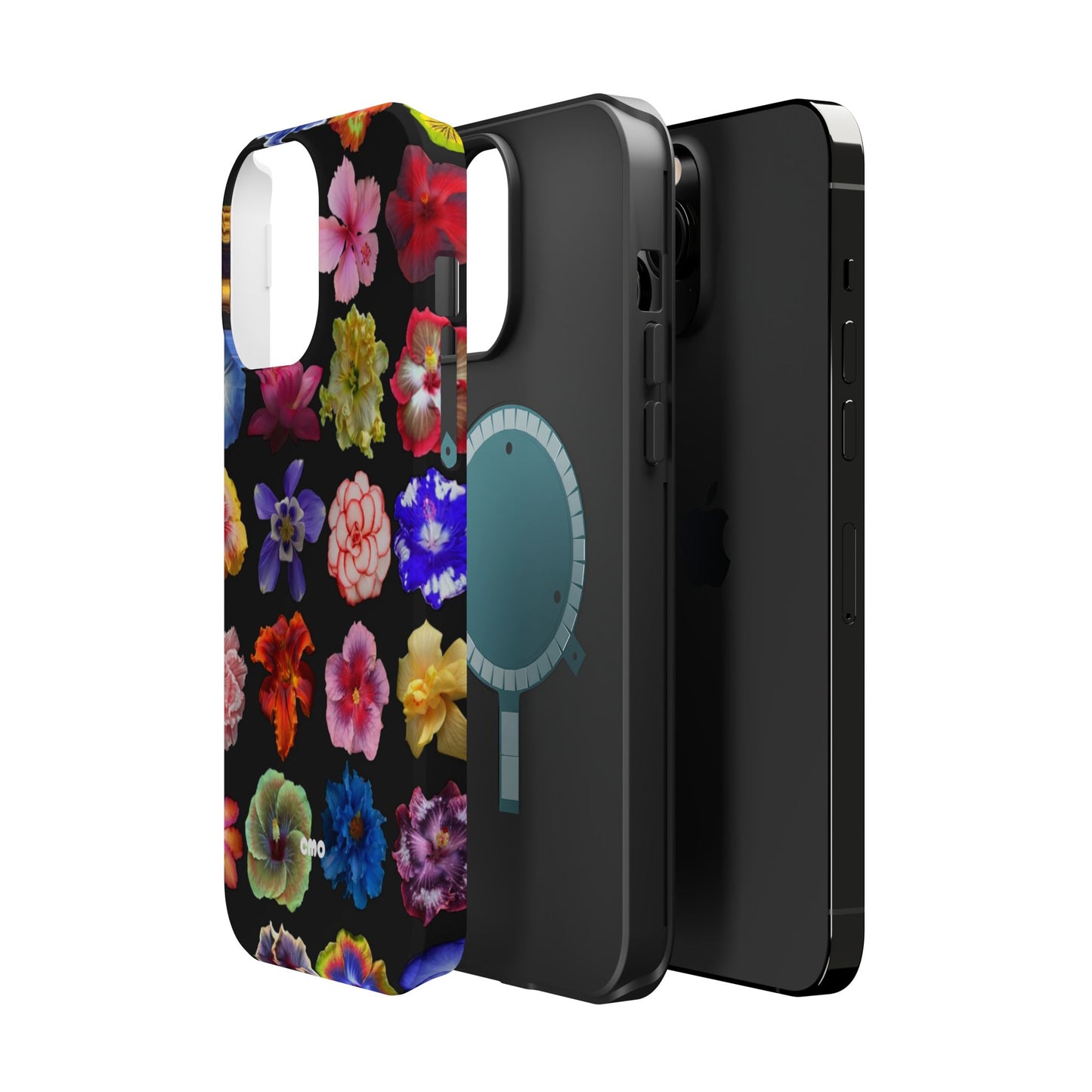 Magnetic Floral Impact-Resistant Phone Case — Colorful Blossoms on Black