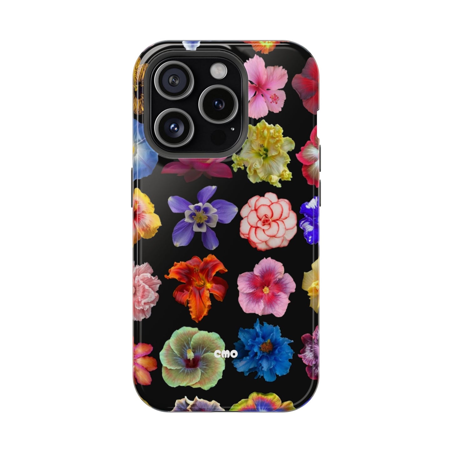 Magnetic Floral Impact-Resistant Phone Case — Colorful Blossoms on Black