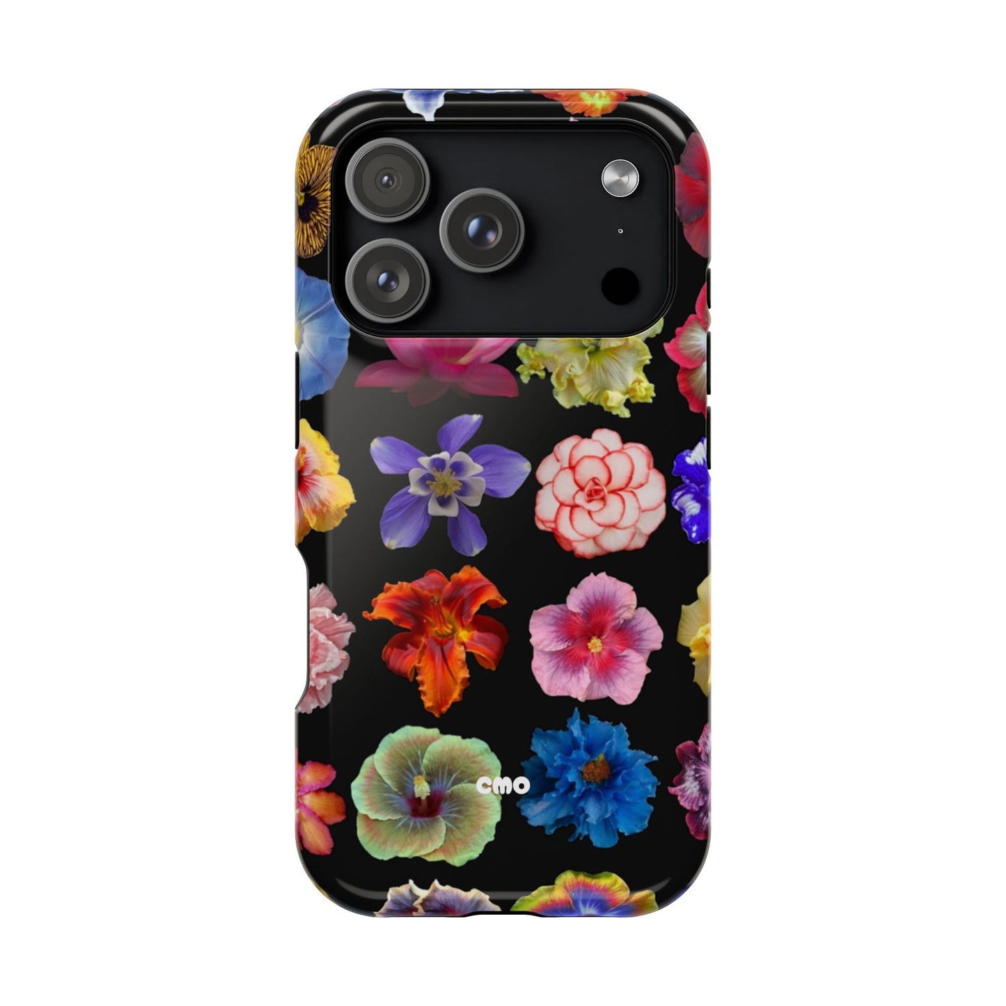 Magnetic Floral Impact-Resistant Phone Case — Colorful Blossoms on Black