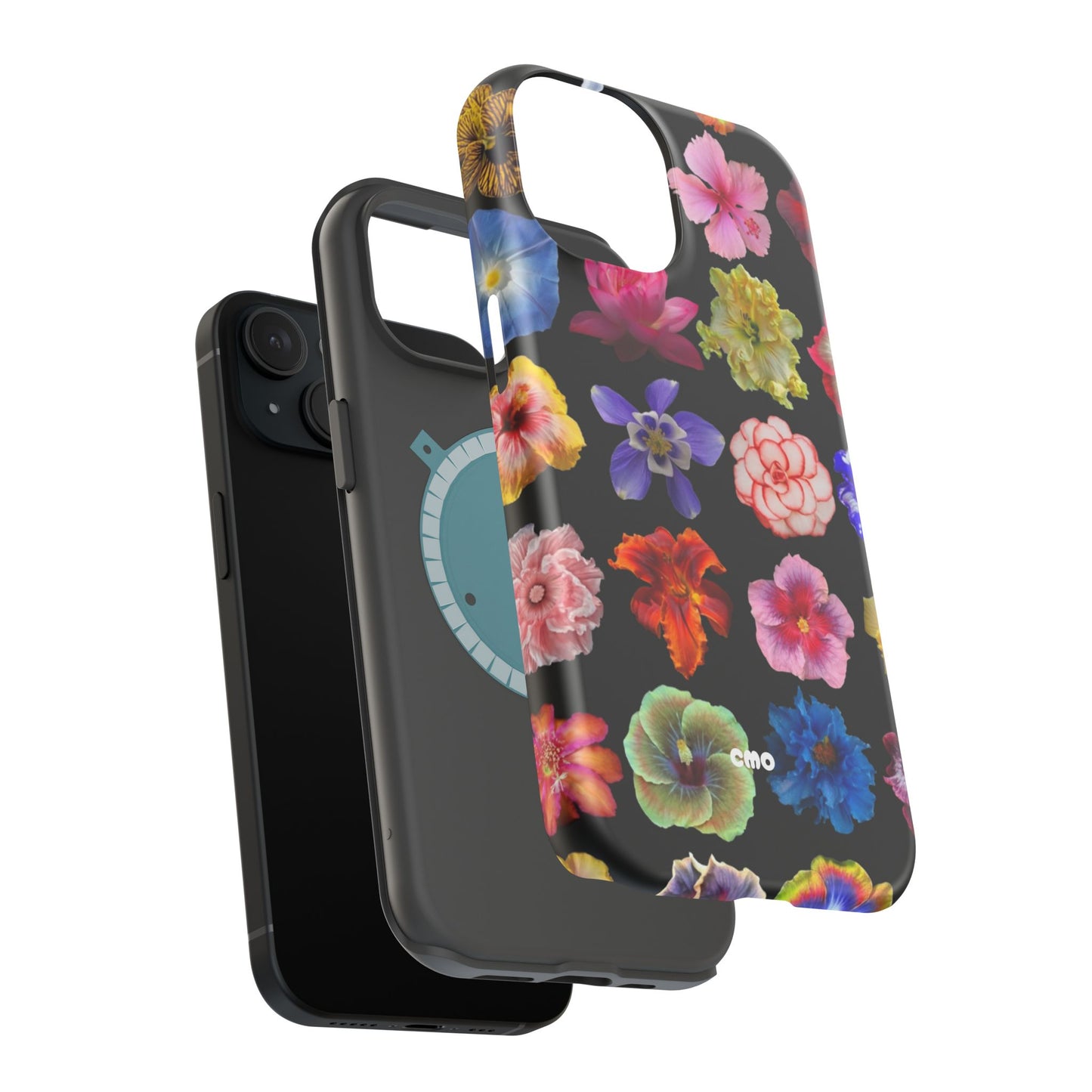 Magnetic Floral Impact-Resistant Phone Case — Colorful Blossoms on Black