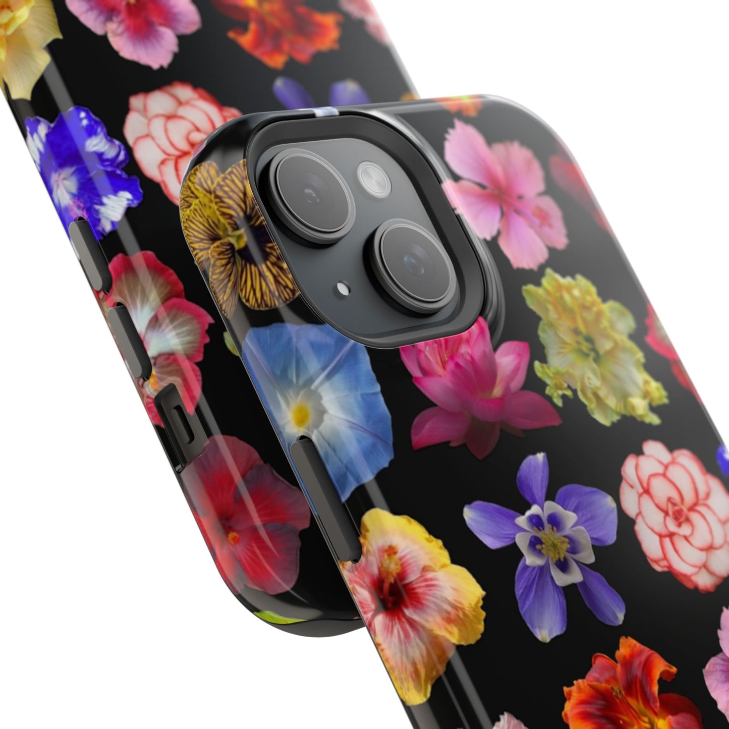 Magnetic Floral Impact-Resistant Phone Case — Colorful Blossoms on Black