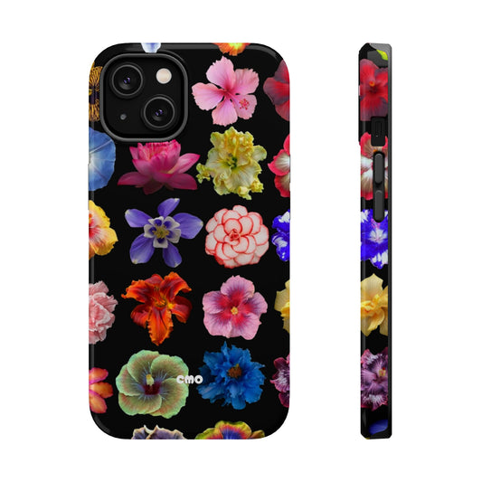 Magnetic Floral Impact-Resistant Phone Case — Colorful Blossoms on Black