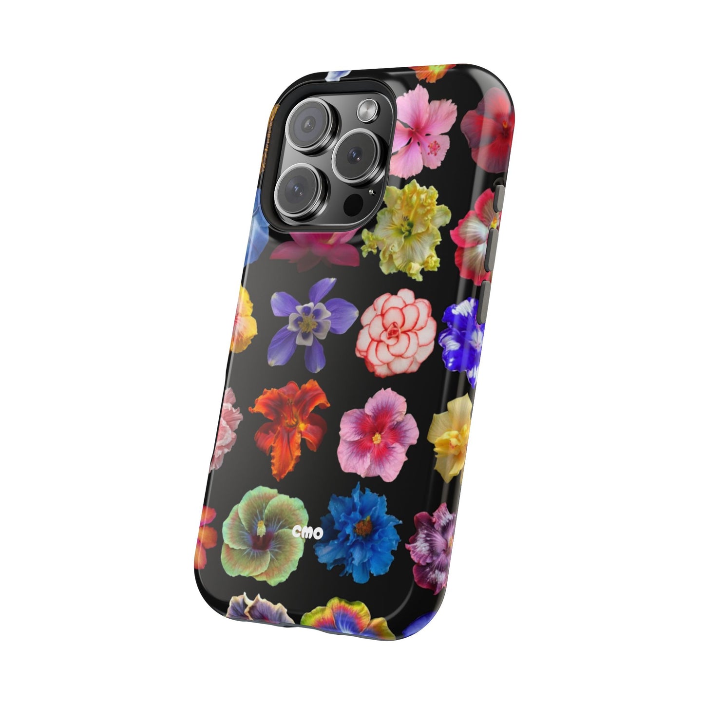 Magnetic Floral Impact-Resistant Phone Case — Colorful Blossoms on Black