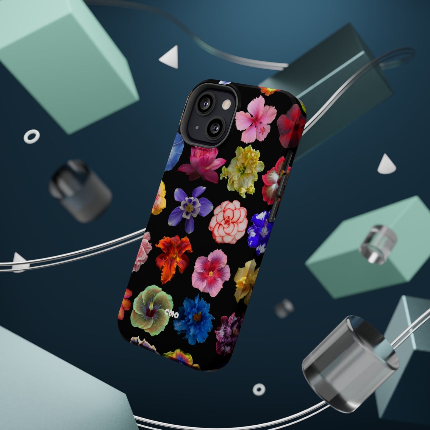 Magnetic Floral Impact-Resistant Phone Case — Colorful Blossoms on Black