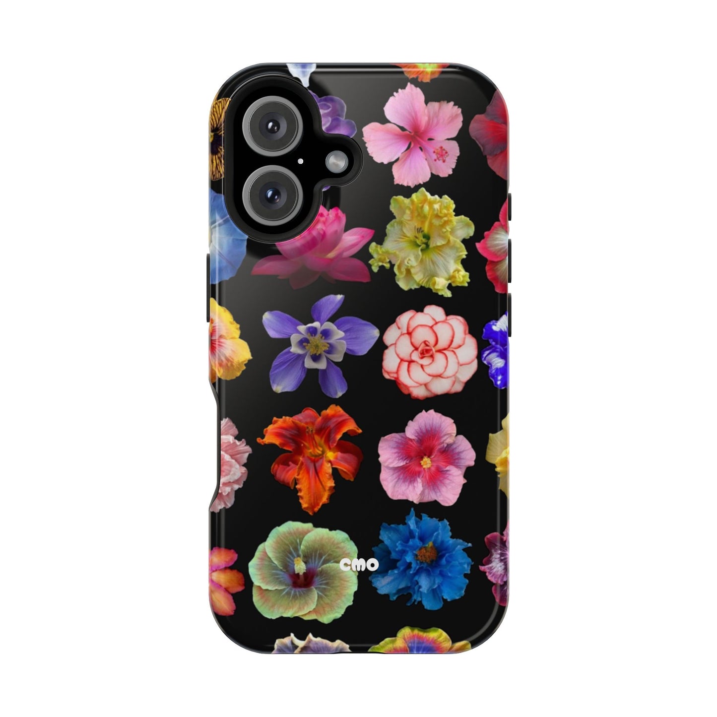 Magnetic Floral Impact-Resistant Phone Case — Colorful Blossoms on Black