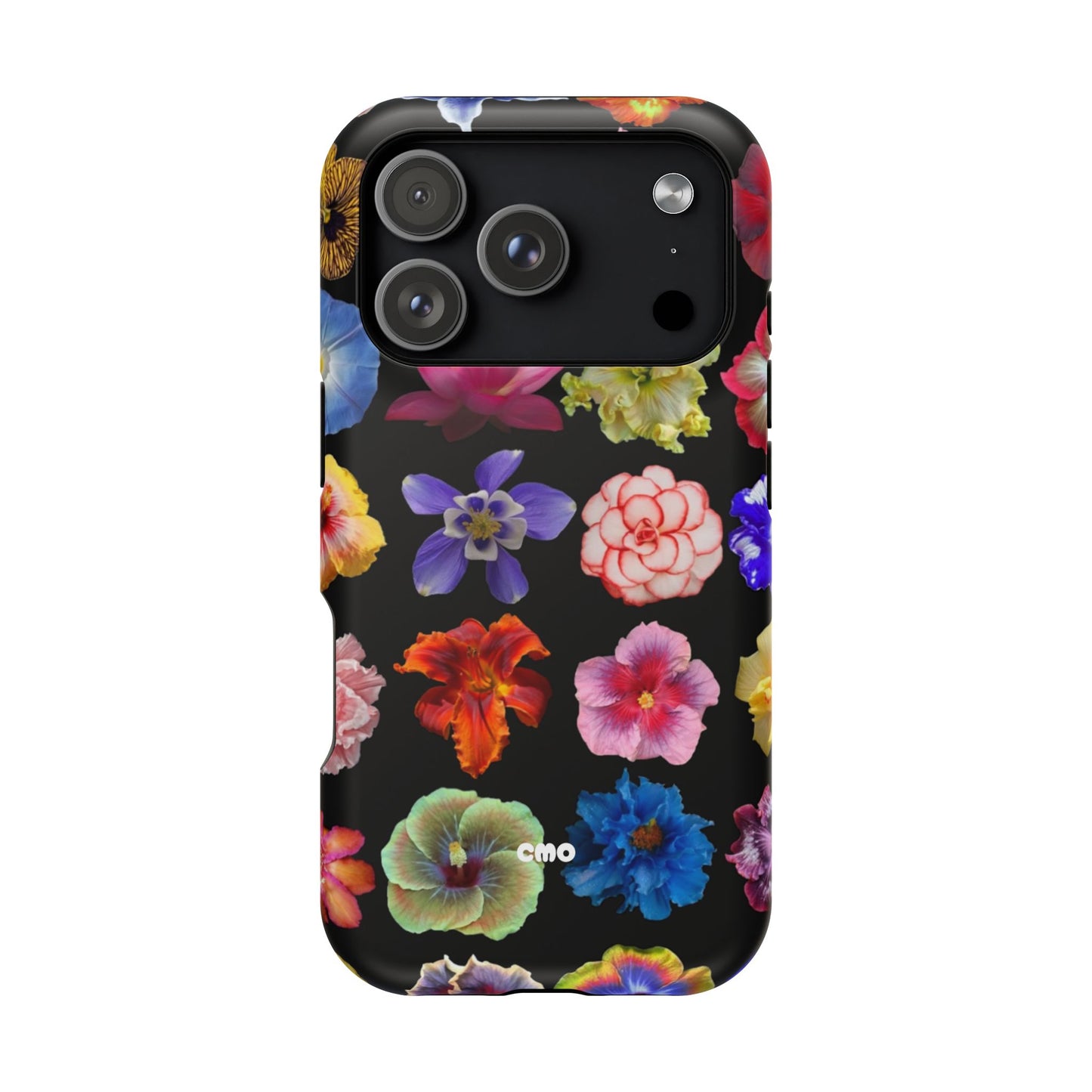 Magnetic Floral Impact-Resistant Phone Case — Colorful Blossoms on Black