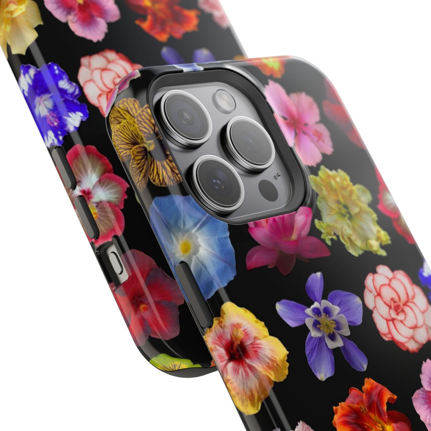Magnetic Floral Impact-Resistant Phone Case — Colorful Blossoms on Black