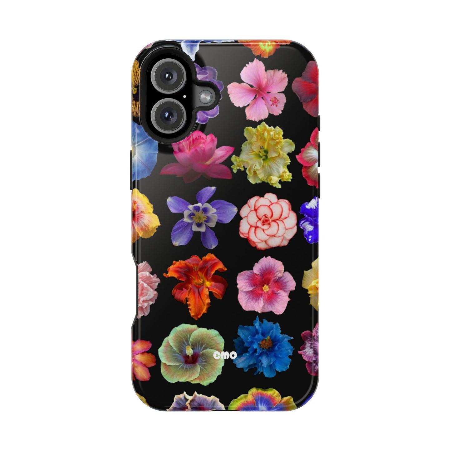 Magnetic Floral Impact-Resistant Phone Case — Colorful Blossoms on Black