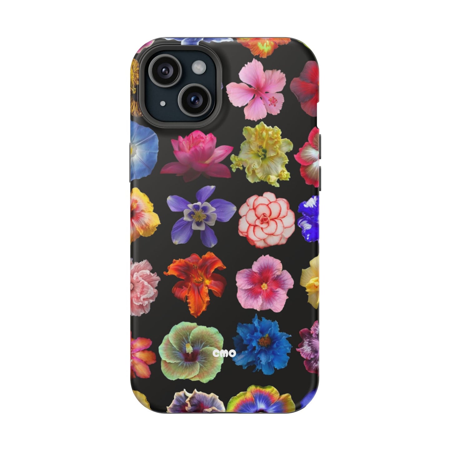 Magnetic Floral Impact-Resistant Phone Case — Colorful Blossoms on Black