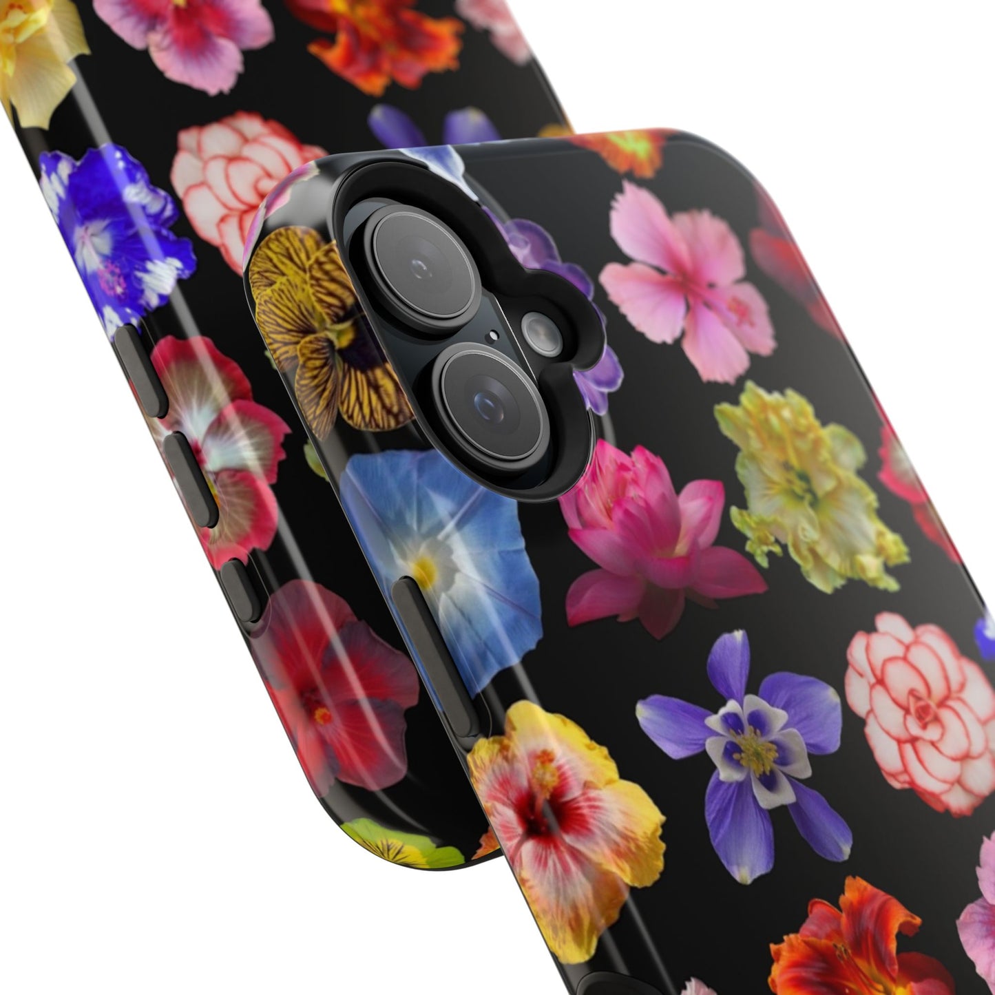 Magnetic Floral Impact-Resistant Phone Case — Colorful Blossoms on Black