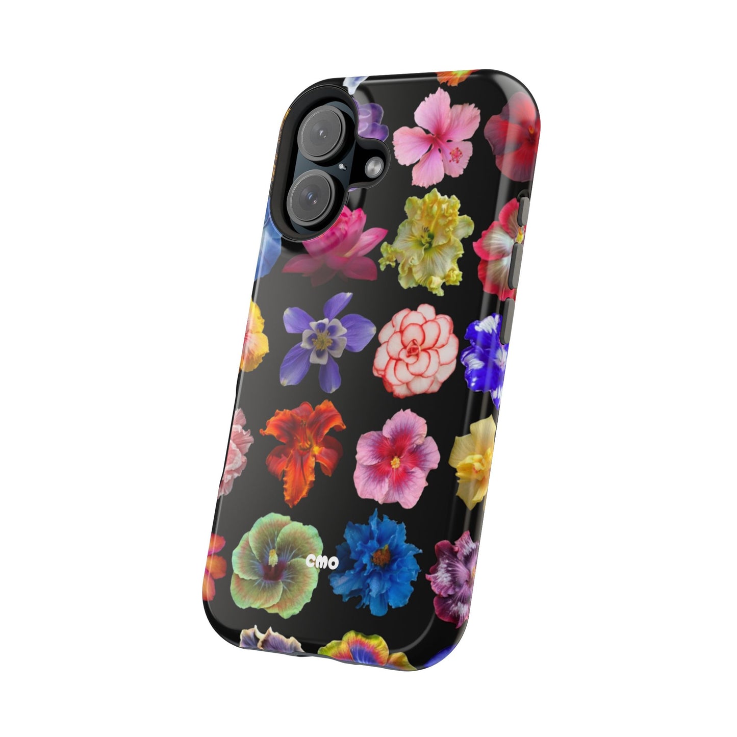 Magnetic Floral Impact-Resistant Phone Case — Colorful Blossoms on Black