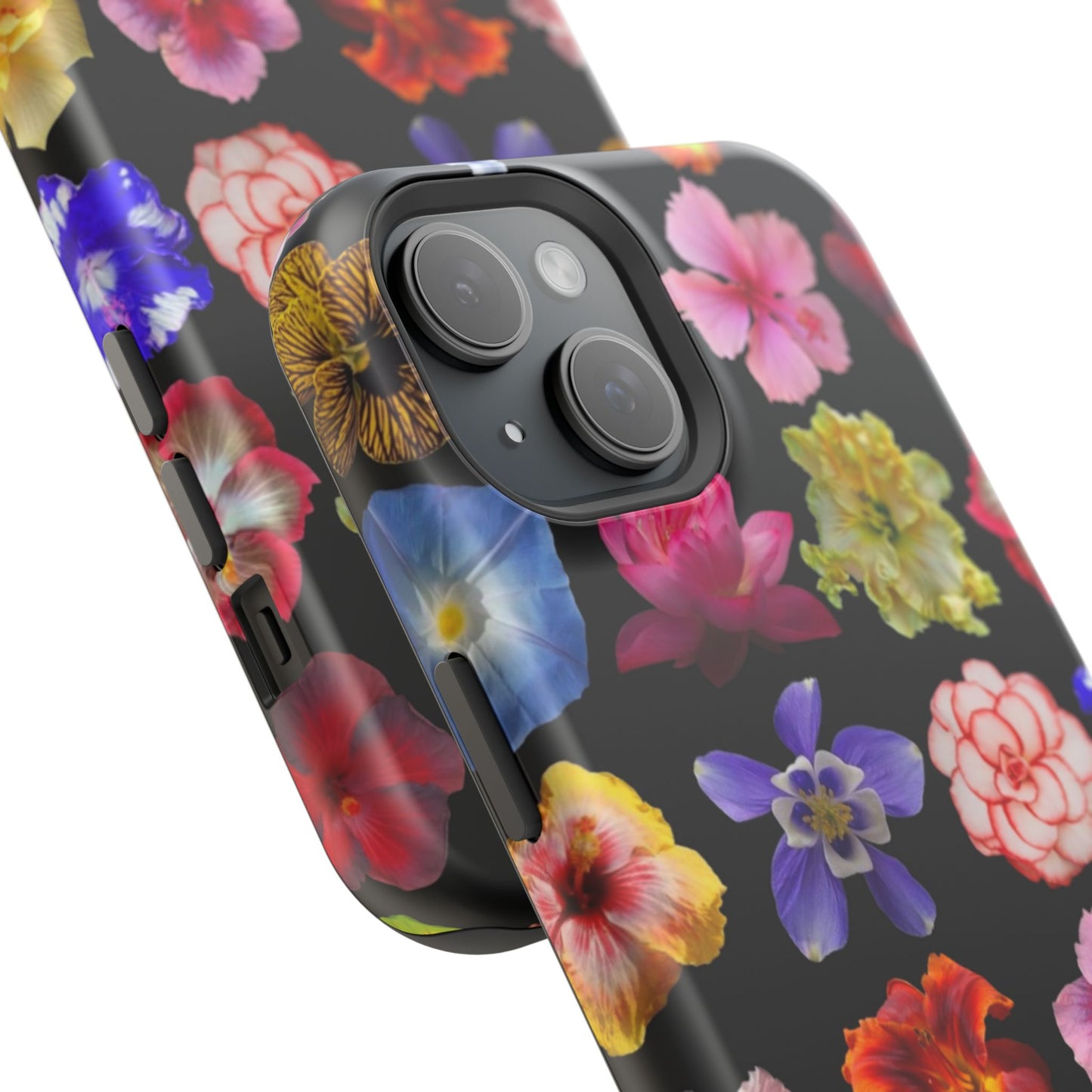 Magnetic Floral Impact-Resistant Phone Case — Colorful Blossoms on Black