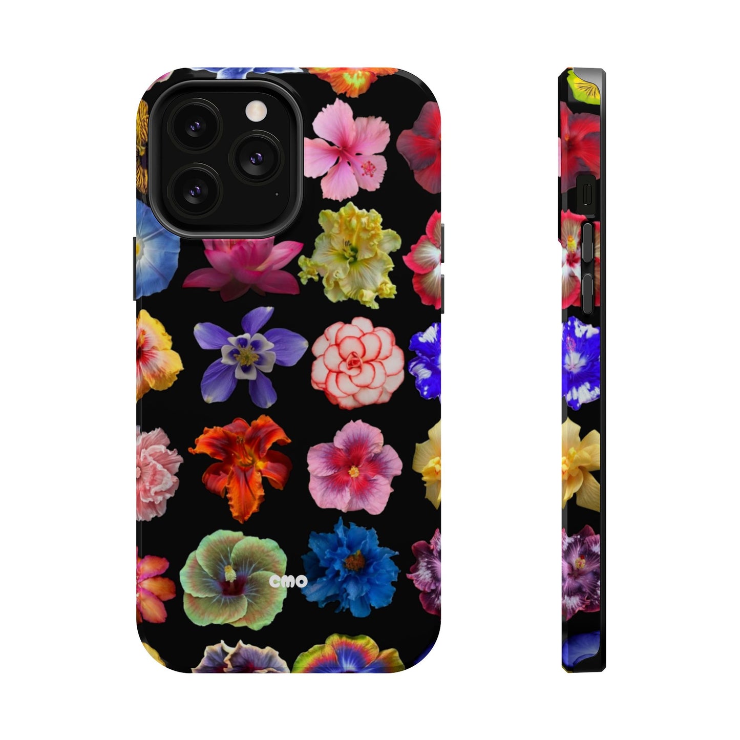 Magnetic Floral Impact-Resistant Phone Case — Colorful Blossoms on Black