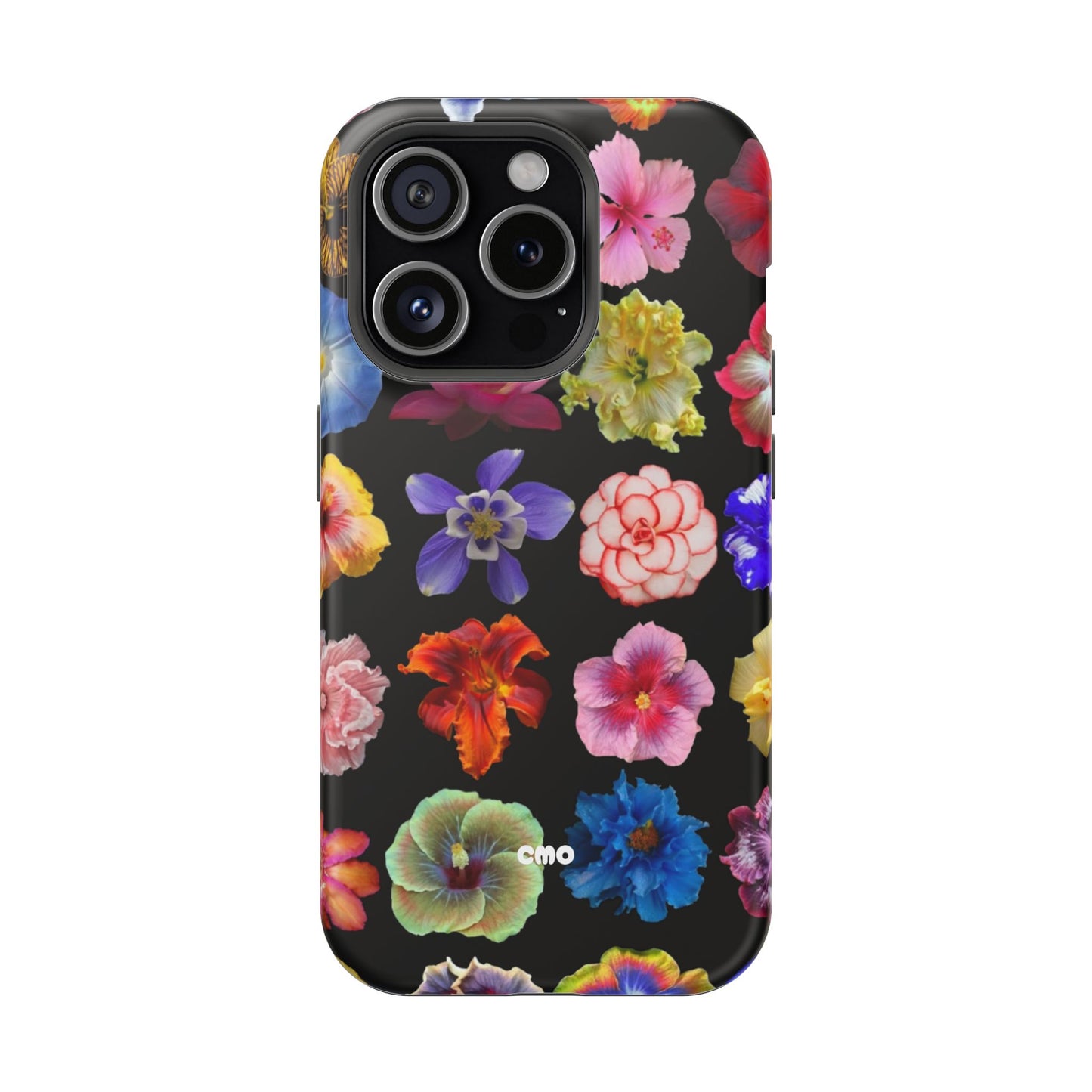Magnetic Floral Impact-Resistant Phone Case — Colorful Blossoms on Black
